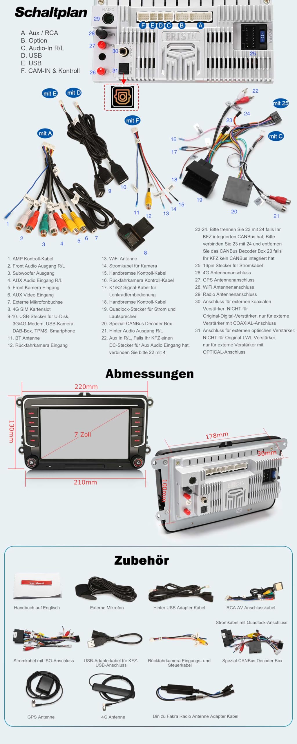 Erisin 8-rdzeniowy 8GB+128GB Android 14 GPS Nawigacja Samochodowa Stereo do VW Golf Polo Caddy Amarok Passat Seat Skoda do Tiguan 7" Bluetooth 5.1 CarPlay Android Auto DSP Audio WLAN OBD2 Canbus