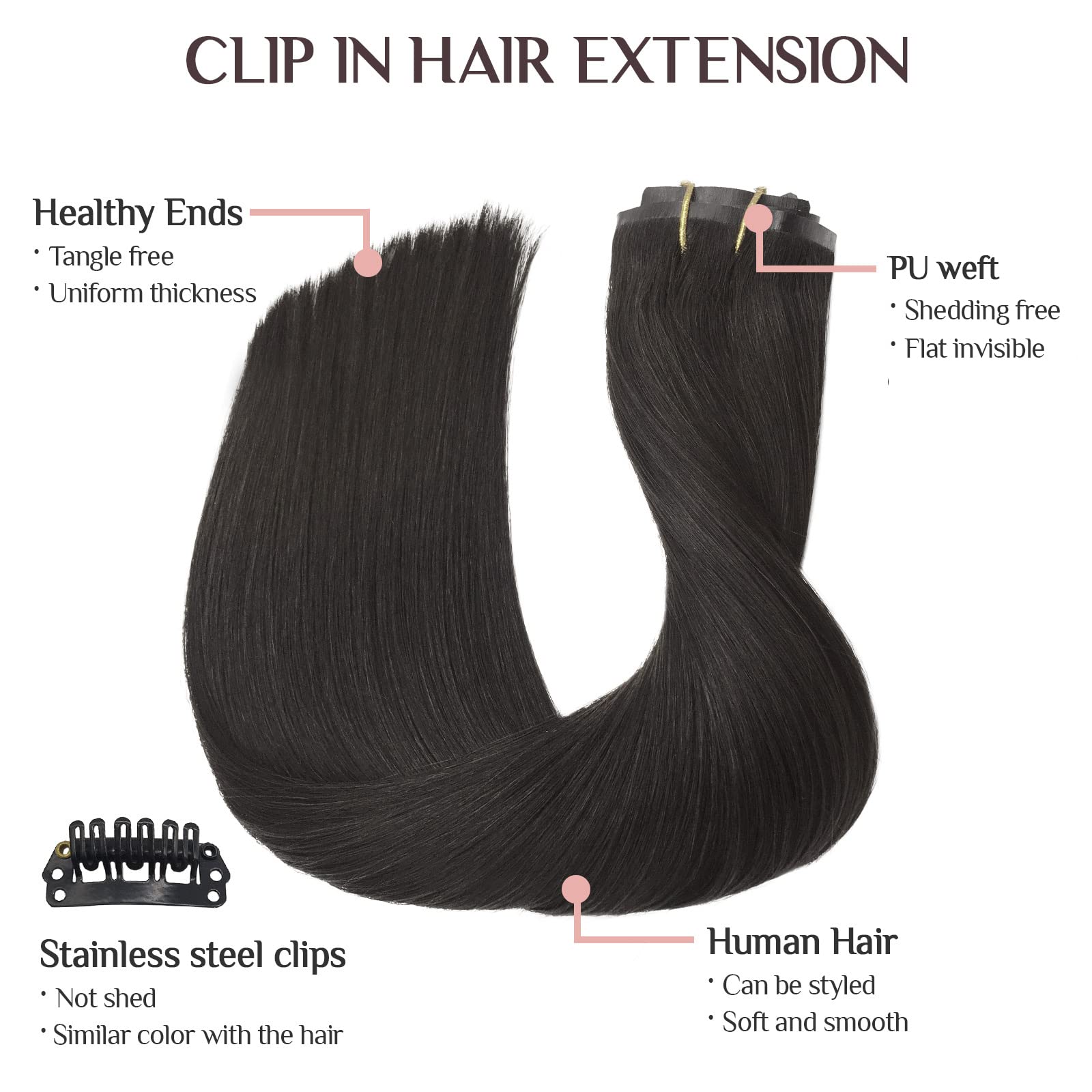 MAXITA Clip in Hair Extensions Real Human Hair 100% Remy Hair Extensions Clip ins Double Weft for Women,Natural Human Hair,24inch 150g 9Pcs,Dark Brown