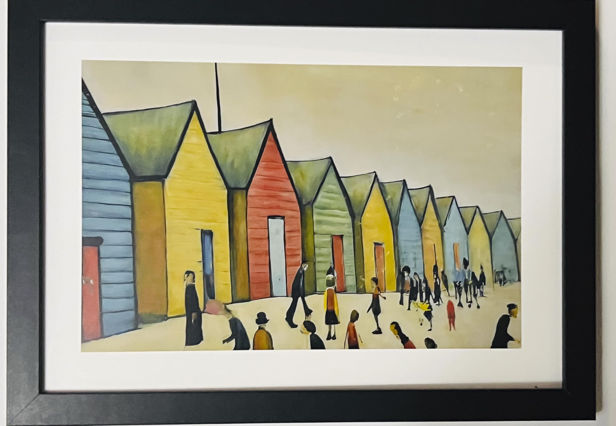 Greetingles Lowry-Style Framed Print. Beautiful Black Ash Frame (Lowry, LS Brighton Beach Huts), 34L x 24W cm