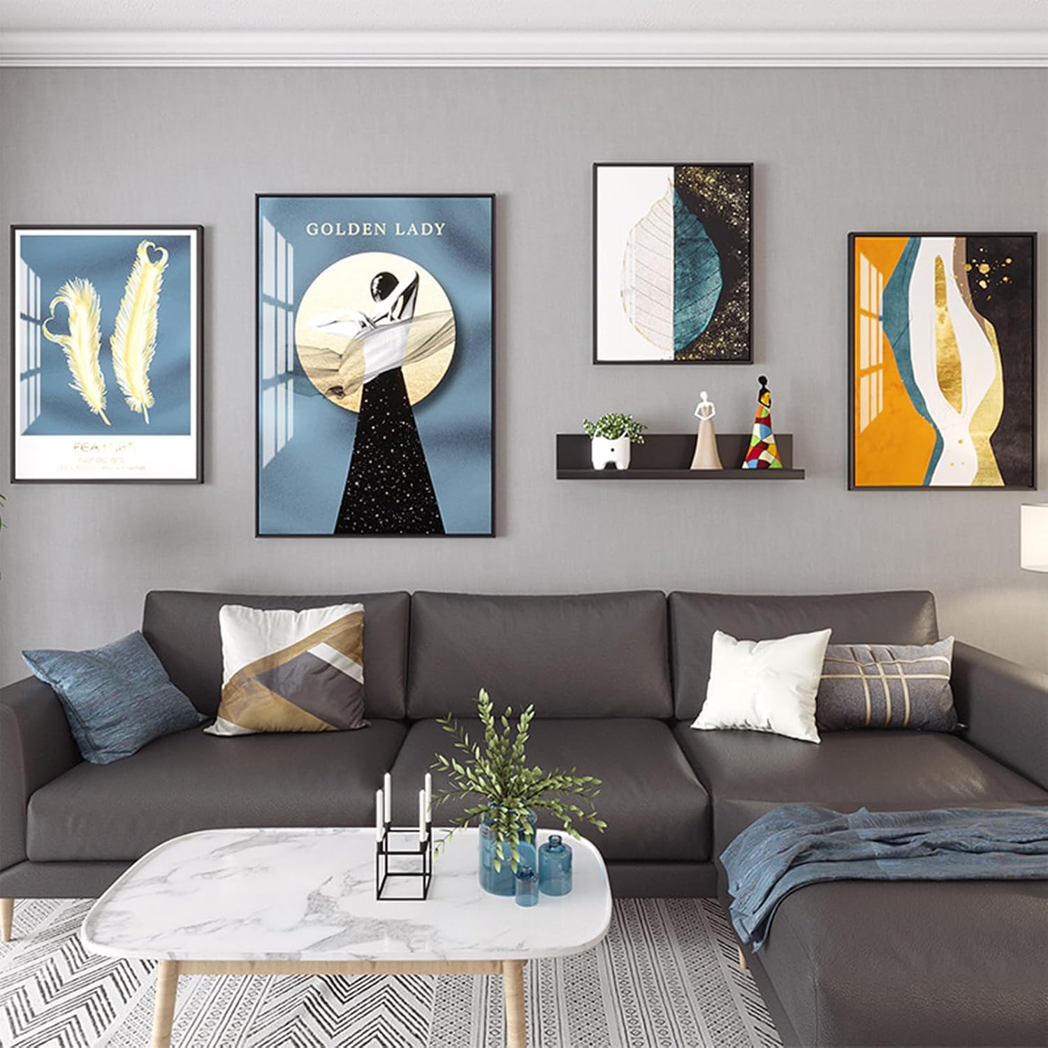5 Piece All-in-One Wall Decor Set, Framed Artwork, Wall Clock and Hanging Shelf, Modern Luxury Wall Decoration for Living Room Sofa Background, B