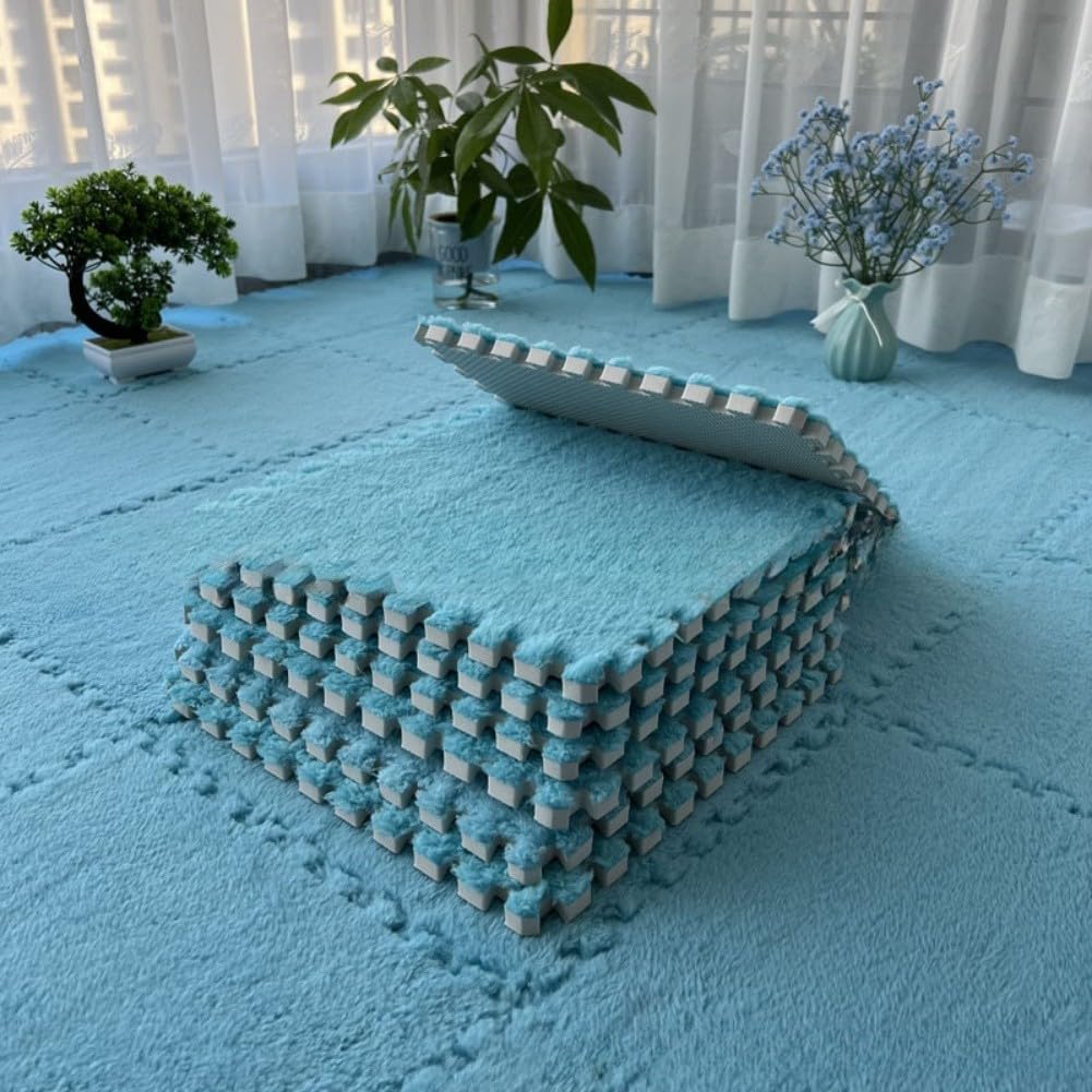 Interlocking Plush Foam Floor Mat, Cuttable Jigsaw Carpet Tiles, Thickened Anti-Slip Flannel Flooring for Nursery Bedroom Living Room, Safe for Babies and Pets(_LIGHT BLUE)