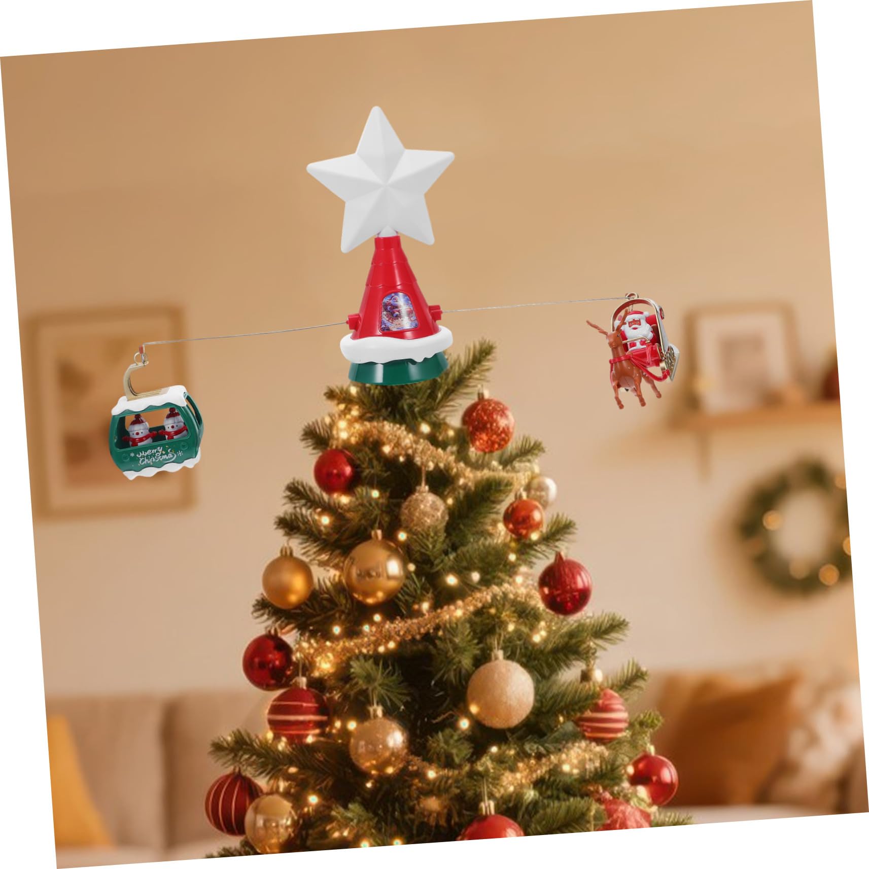 Ciieeo Étoile de Sapin de Noël Lumineuse Rotative Décoration Festive pour Sapin avec Traîneau du Père Noël pour Intérieur et Extérieur