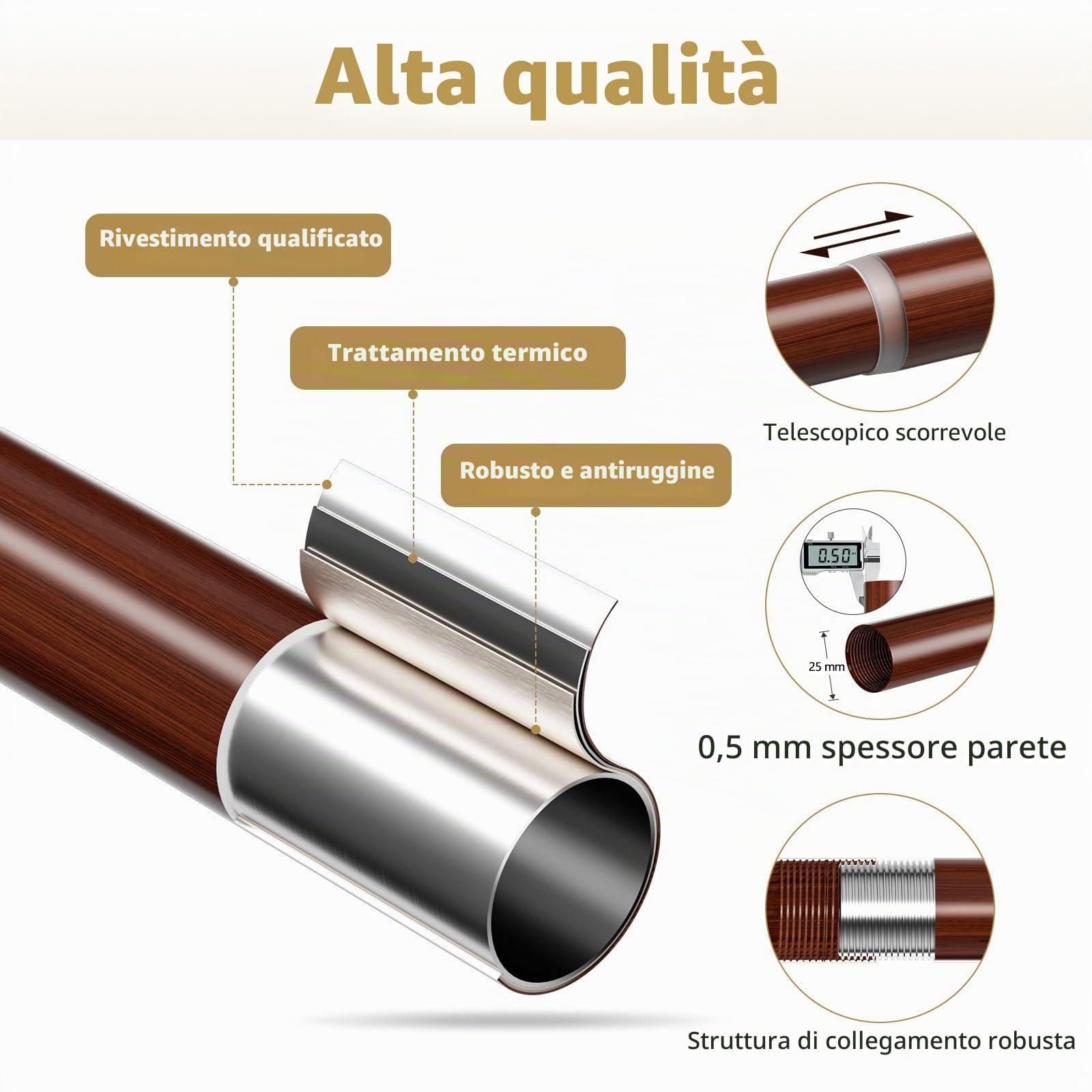 Asta per Tenda Effetto Legno, 89-236cm, Asta Estensibile in Metallo da 25mm di Diametro con Texture a Effetto Legno Marrone, Asta per Tenda in Legno per Finestra o Porta