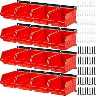 16 Pcs Plastic Wall Mounted Storage Bins (6.3inch x 3.2inch x 4inch) Hanging Stackable Storage with 4 Pieces Horizontal Shelf Trays Screw Organizers and Storage Bins Tool Organizers for Men Tools Gift