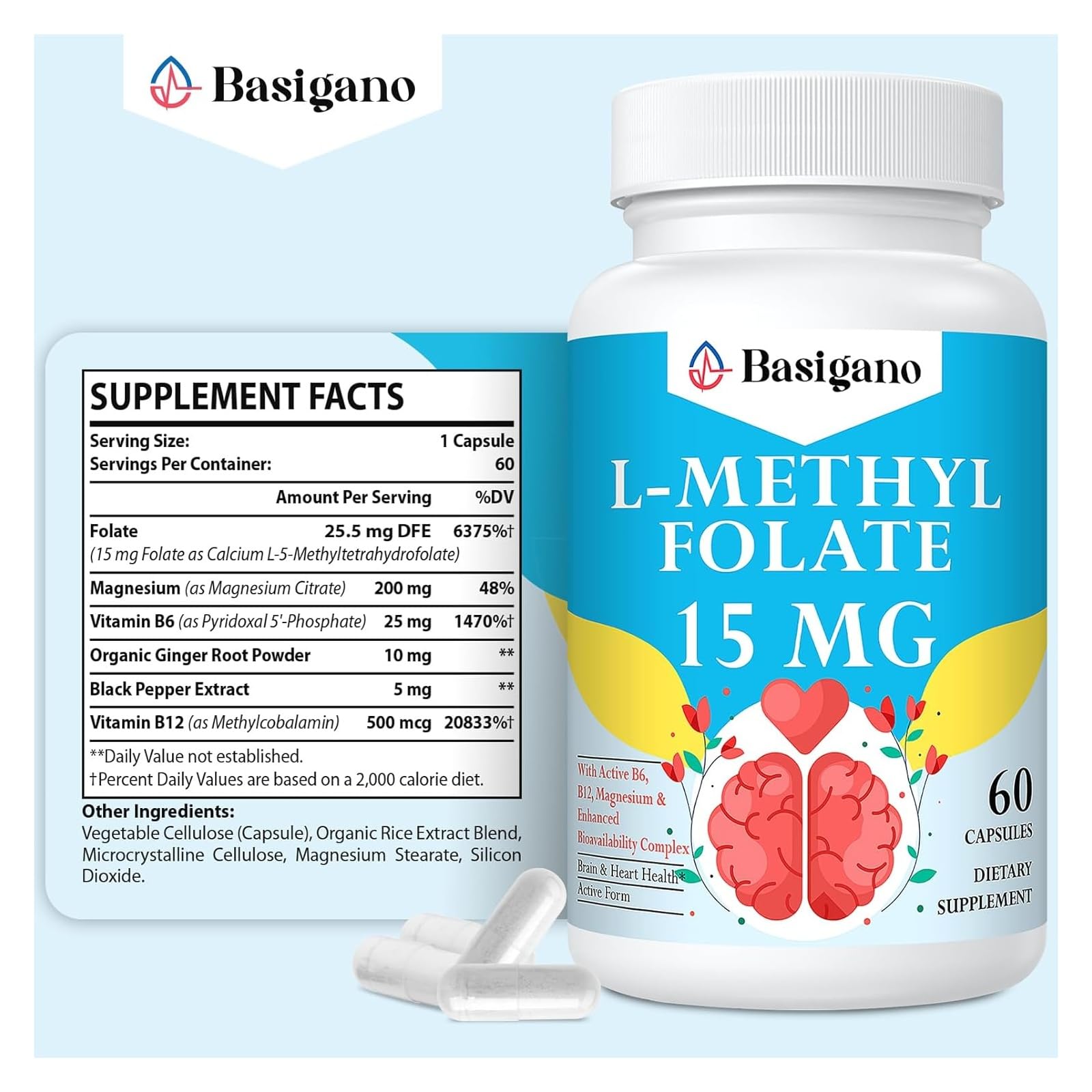 15mg L Methylfolate (5-MTHF)- Active Folic Acid-Enriched with Vitamins B6 and B12-60 Vegetarian Capsules - Non-GMO, Gluten-Free — Amazon image 2