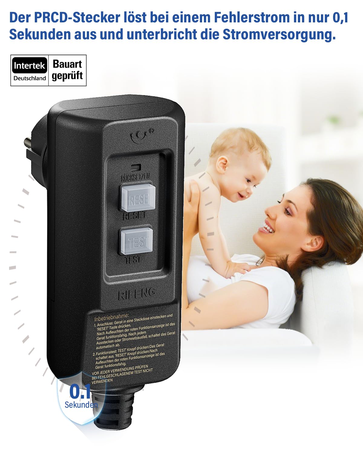 PRCD Fiche de protection personnelle 30 mA, 230 V/16 A FI - Conforme à la norme EN 61008/61009, avec affichage et bouton de test, IP54 - Pour la maison, le jardin et les appareils médicaux