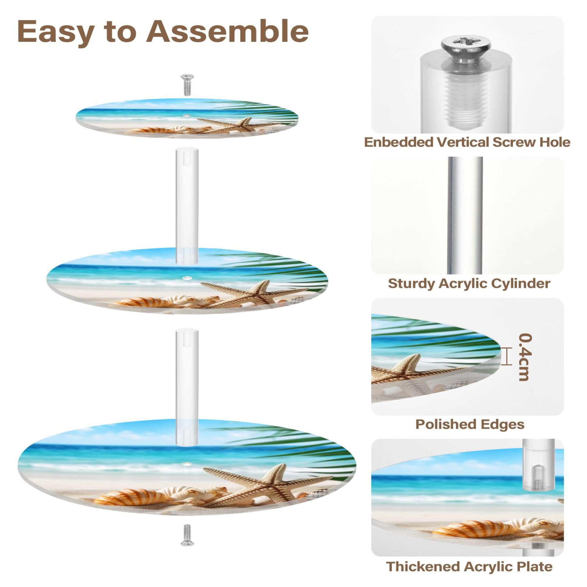 PYBUG Starfish Shell 3 Tier Acrylic Cupcake Stands Tower,Dessert Table Display Set for Tea Party,Wedding,Birthday, Baby Shower