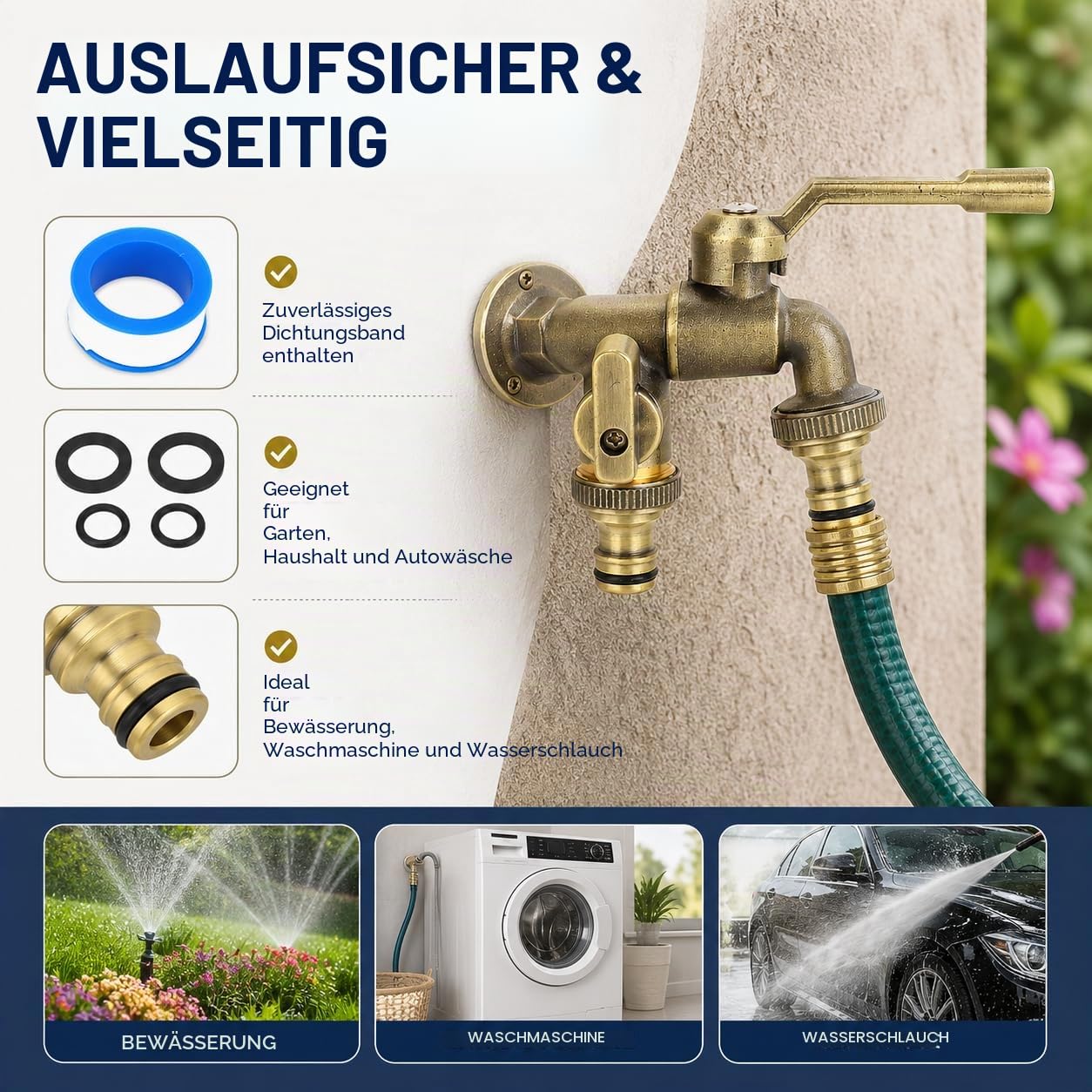 Außen Doppelwasserhahn Set, Doppel Wasserhahn Garten 3/4 Zoll, Outdoor Garten Wasserhahn mit 25mm Doppelauslass wandmontiert frostsicher antiker Messing Wasser Splitter für Gartenschlauch