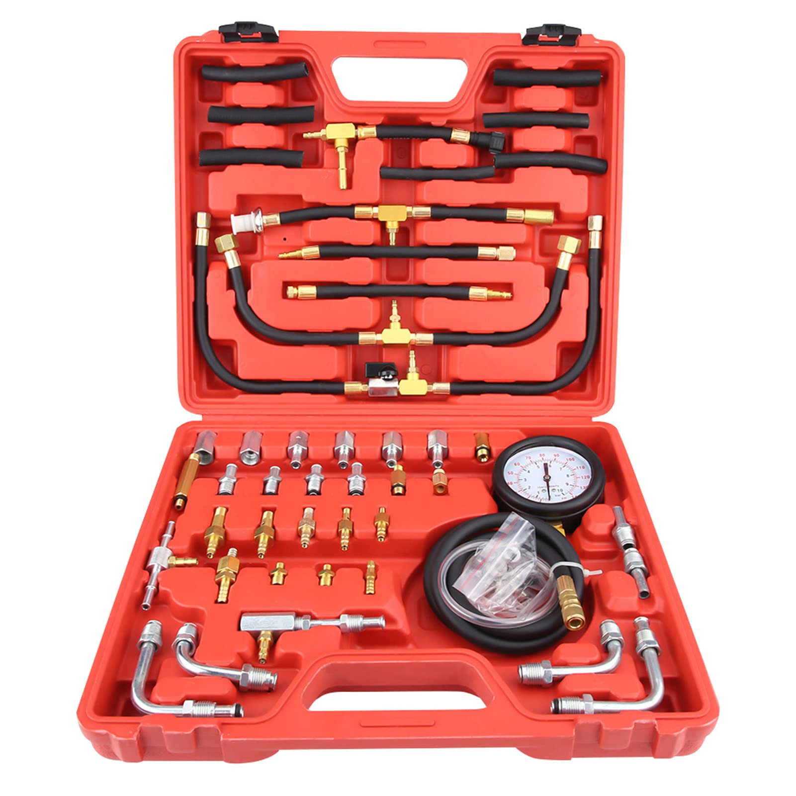 Keenso Kit de prueba de presión de combustible de gasolina, herramienta de diagnóstico de bomba de inyección de combustible de cobre y caucho, de 0 a 140 PSI con válvula de alivio y adaptadores para
