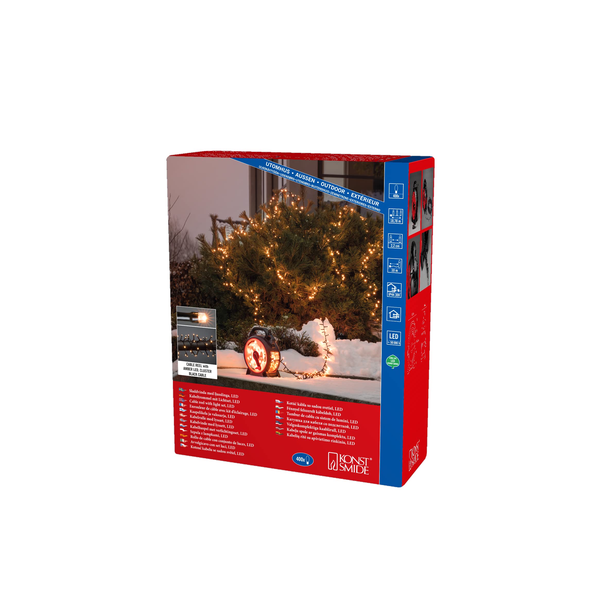 Konstsmide Micro LED Compactlights Lichterkette mit Kabelaufroller, schwarz-rot, 400 bernsteinfarbene Dioden, 30V Außentrafo, 6W, schwarzes Kabel - 3844-800