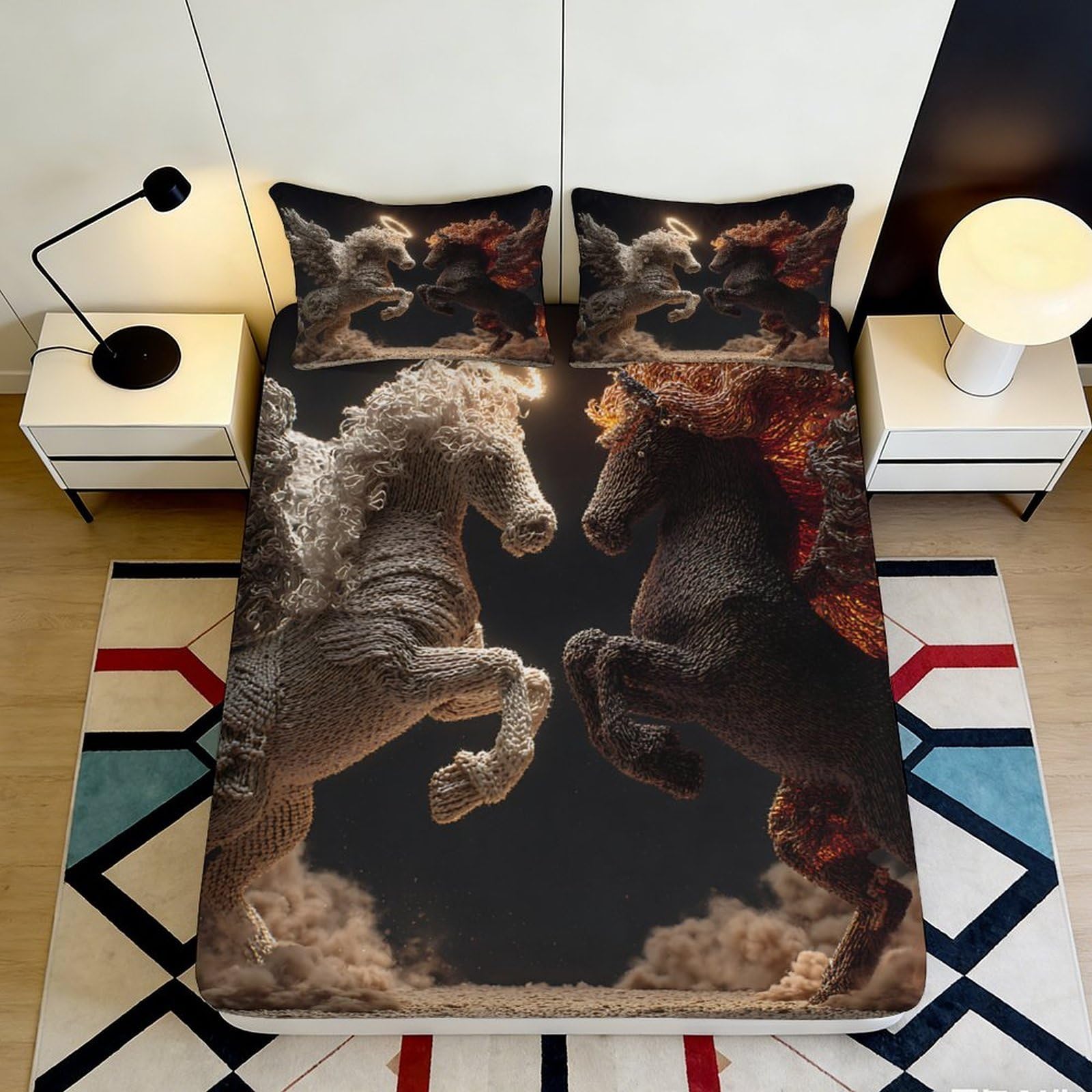 3D Printed White Horse Fitted Sheet Microfiber Soft Anti-Slip Brown Horse Mattress Cover for Bedroom Dorm Easy Care 90x200x25cm