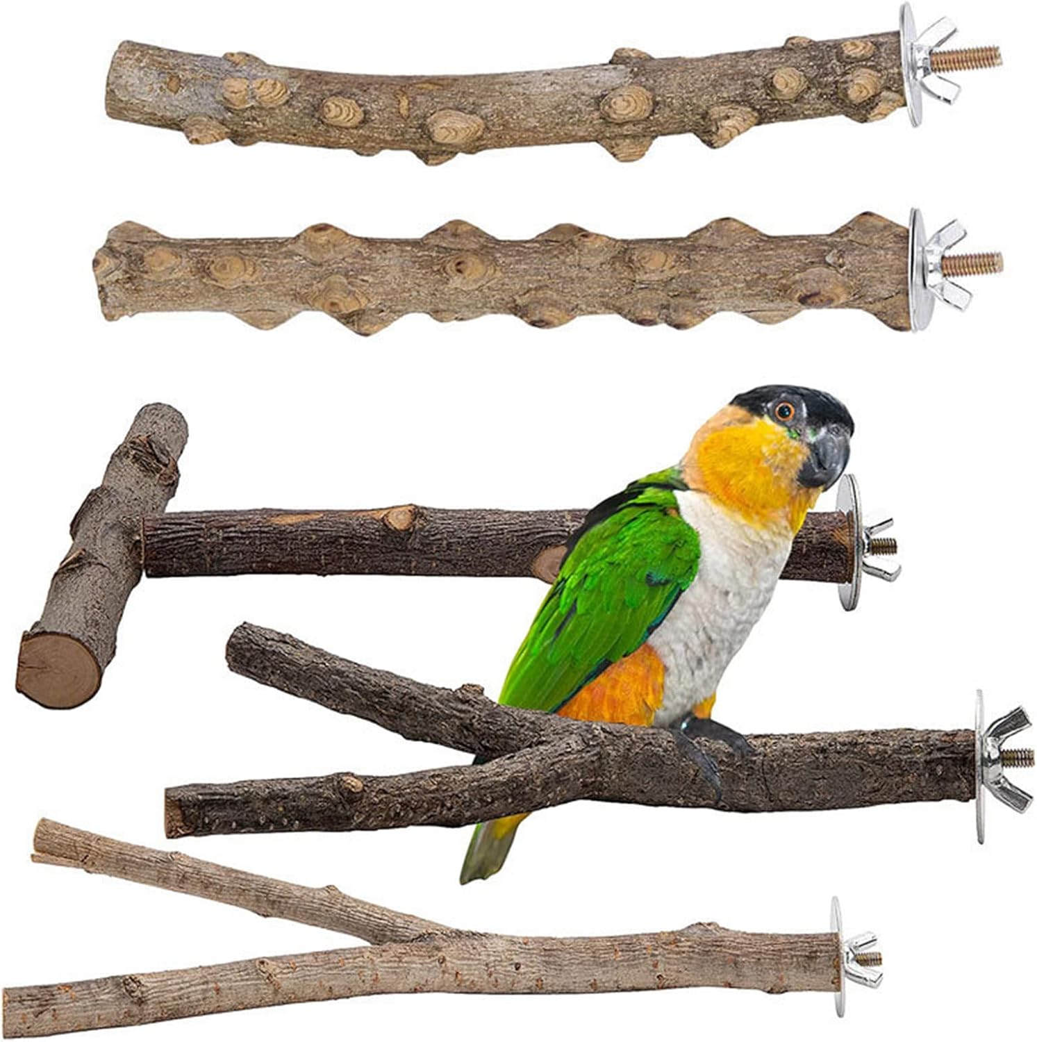 Kit de Bricolaje de Perchas de Jaula de PáJaros de Madera Natural de 5 Piezas, Plataforma de Soporte de Loro, Accesorios de Jaula, Soporte de Juego de Juguete de Escalera Columpio Para Loro (001)