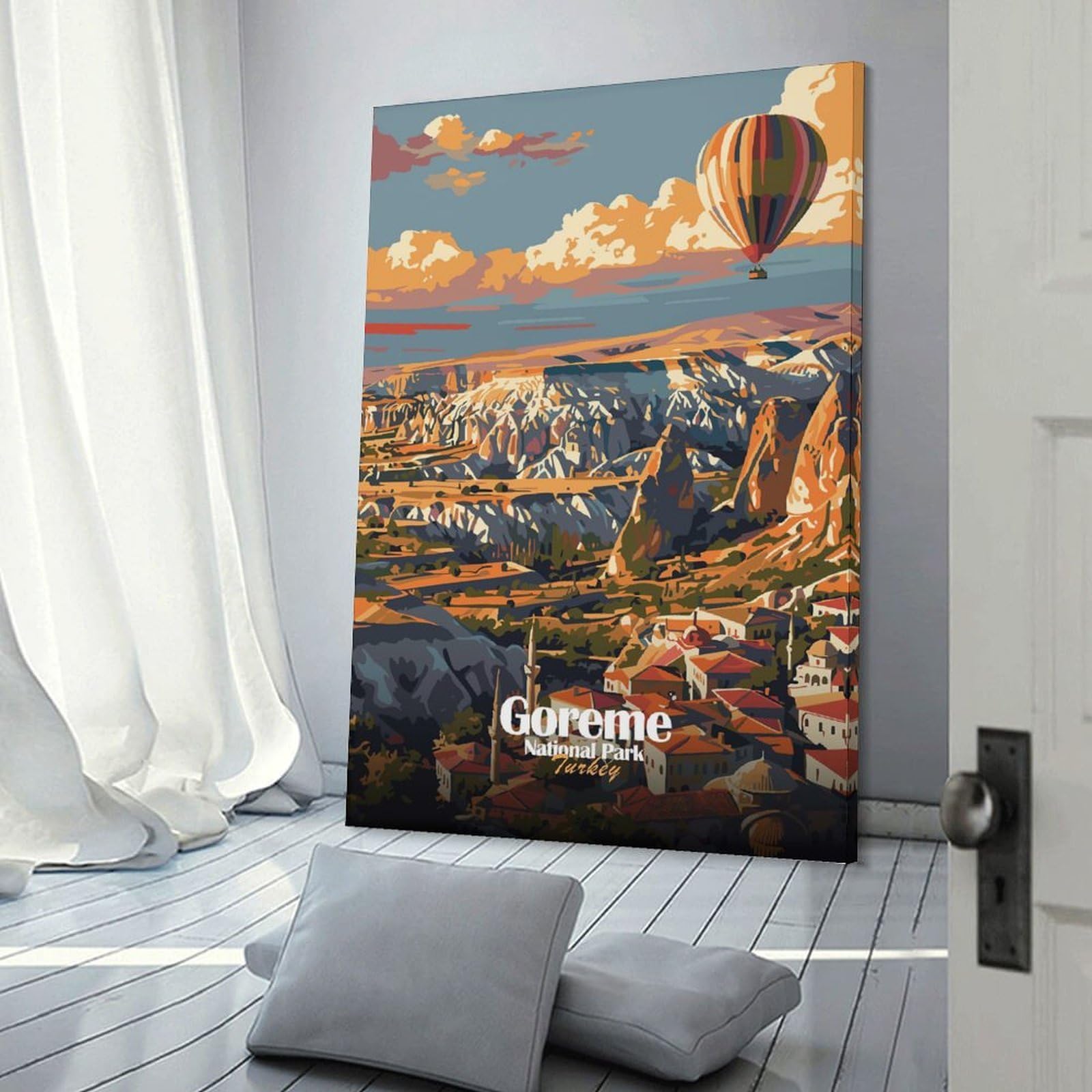 Junmoney Goreme National Park Turkey Illustration Canvas Art Print, 24x36inch(60x90cm), for Wall Displays, Bedrooms Or Room Updates, Home Wall Art for Statement Displays