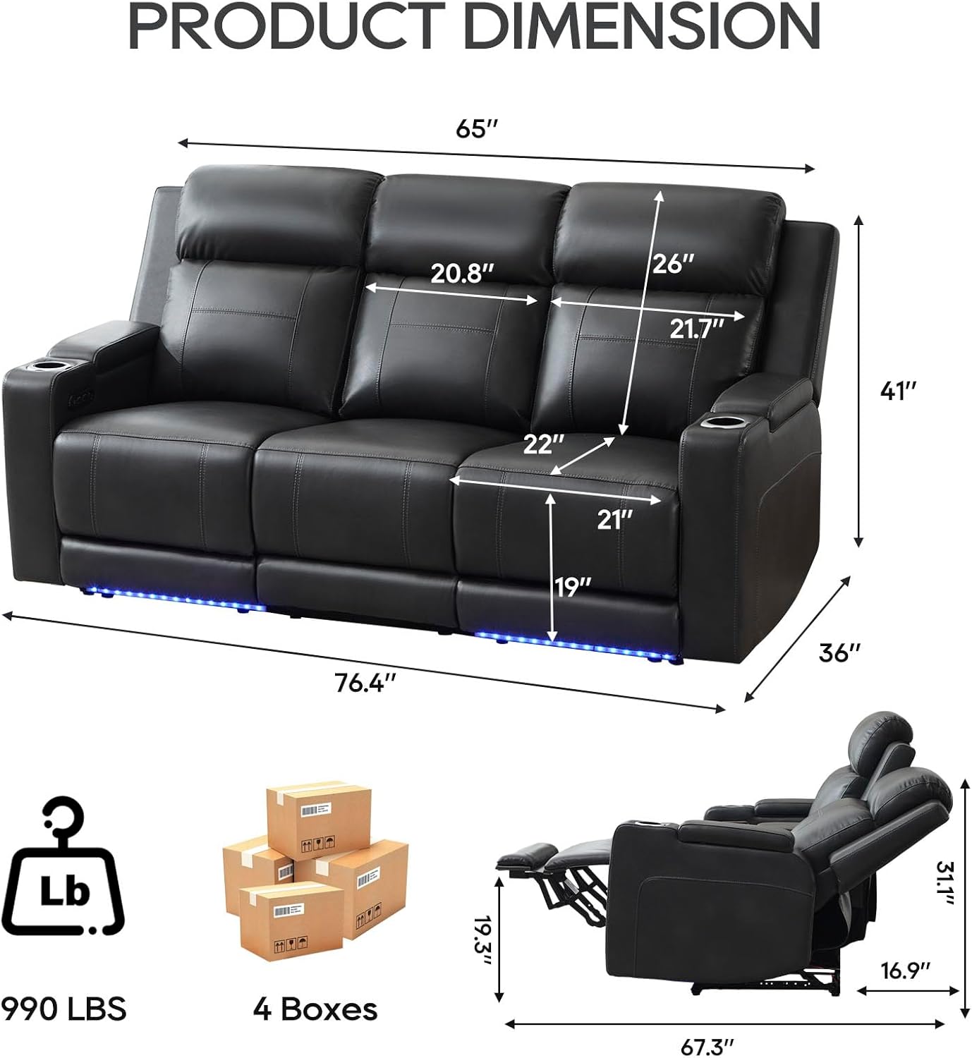 Power Recliner Sofa, Home Theater Seating with Adjustable Headrest, Blue LED Lighting, Reclining Loveseat, Flip-Up Backrest Storage, Multi-Port Charger, Cup Holder, USB