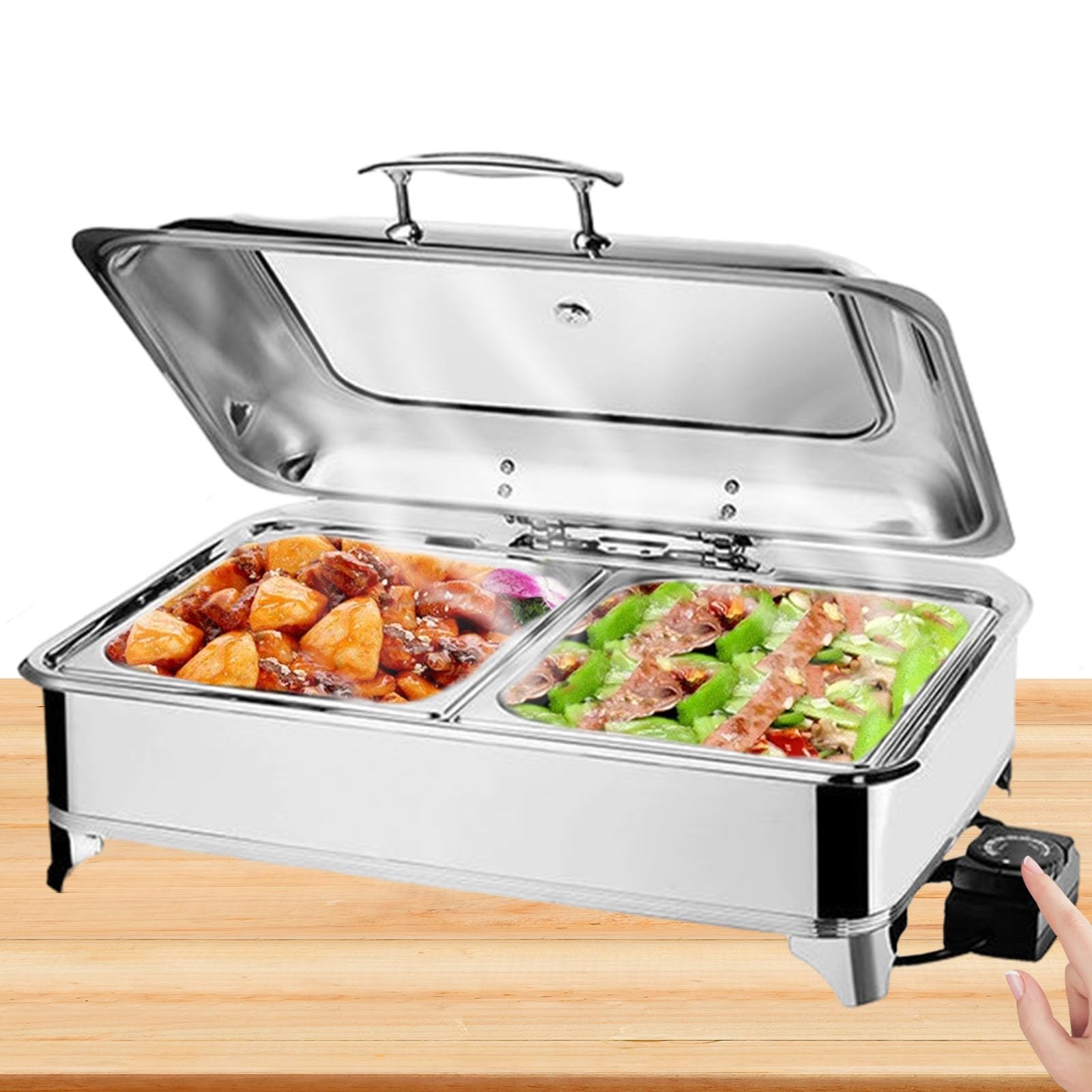 Chafing Dish Elettrico, 9L Scaldavivande Elettrico per Buffet Acciaio Inox, Chafing Dish Buffet Elettrico Temperatura Regolabile con Coperchio Visibile(A, 1/2 PAN)