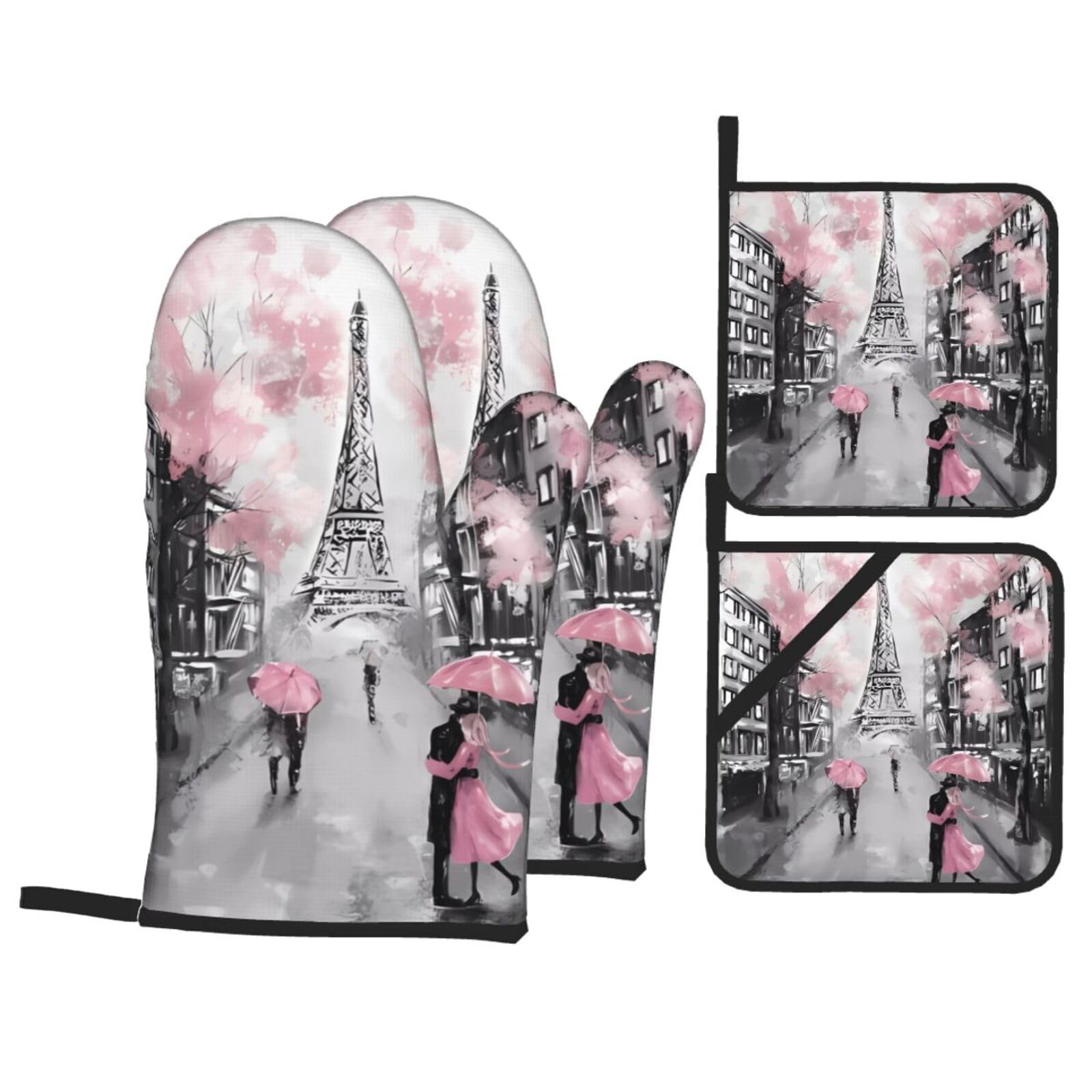 WHJSHOP Paris Street Eiffel Tower Pink Floral Prints Oven Mitts & Pot Holders Set - Waterproof Kitchen Layers & Heat Resistant - Durable Covers for Safe Cooking & Easy Cleanup