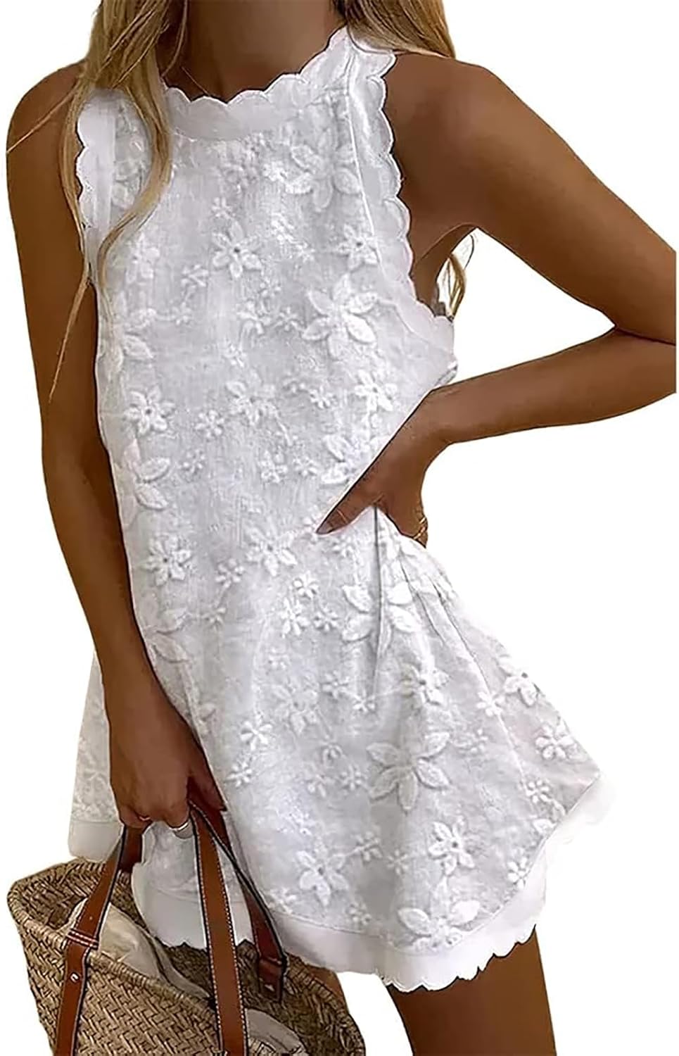 Costaric Women's Cotton Linen Tank Dress Floral Embroidered Sleeveless Scallop Mock Neck Mini Dress Summer Beach Sundress