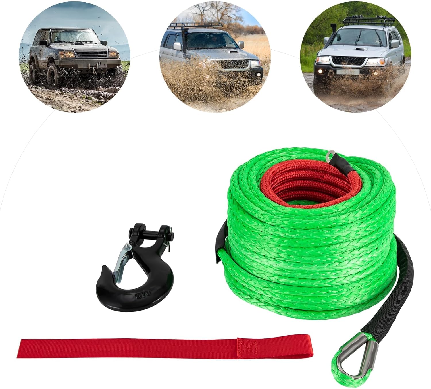 Synthetic Winch Rope, 3/8inch x 100ft Synthetic Rope Winch, 23,809 Lbs Winch Rope Cable Kit Winch Line with Safety Pull Strap and Heavy Duty Forged Winch Hook (Green)