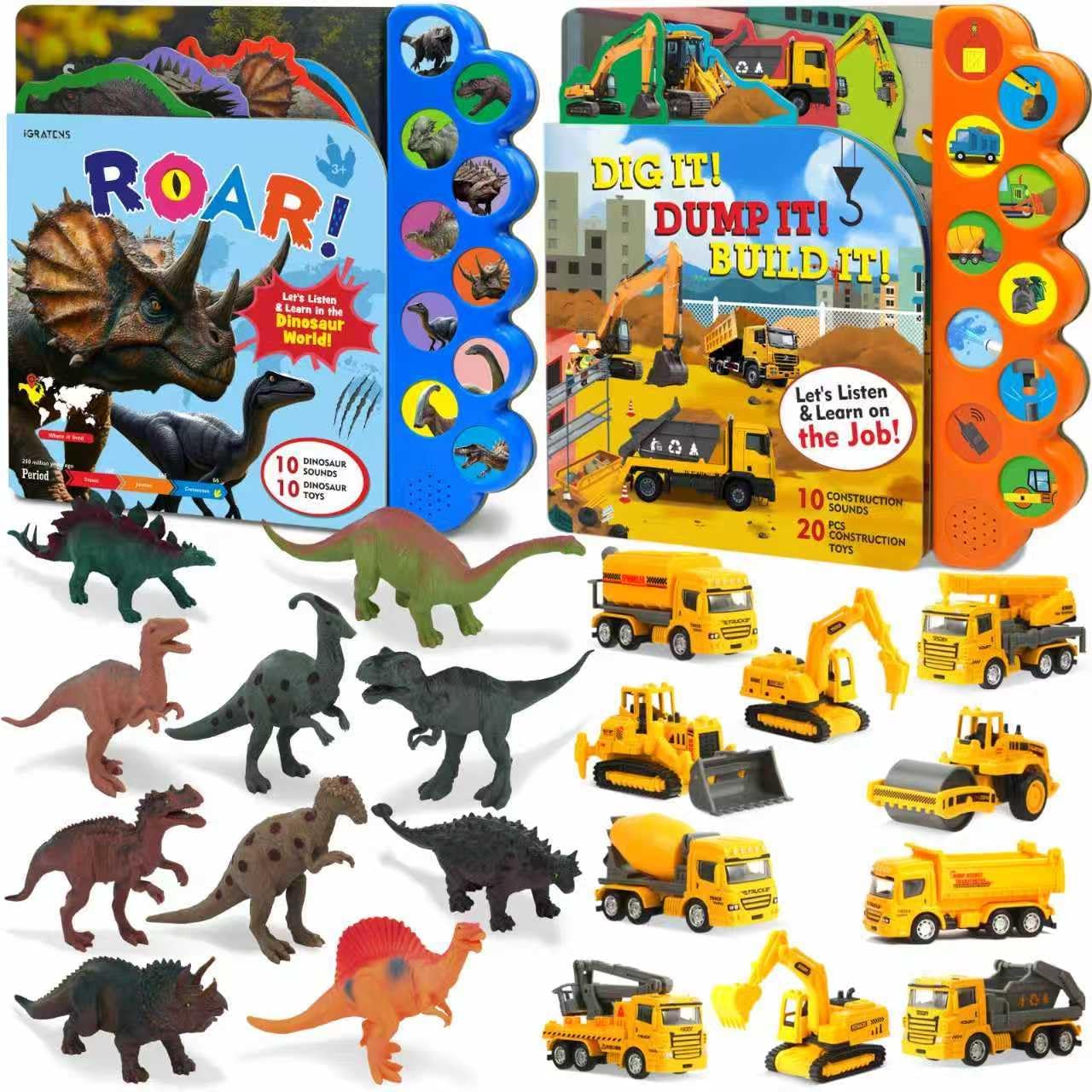 Construction Toys with Sound Books & Dinosaur Toy with Sound Book, Board Book with 10 Buttons & 20 PCS Truck Toys & Dinos for 3+ Year Old