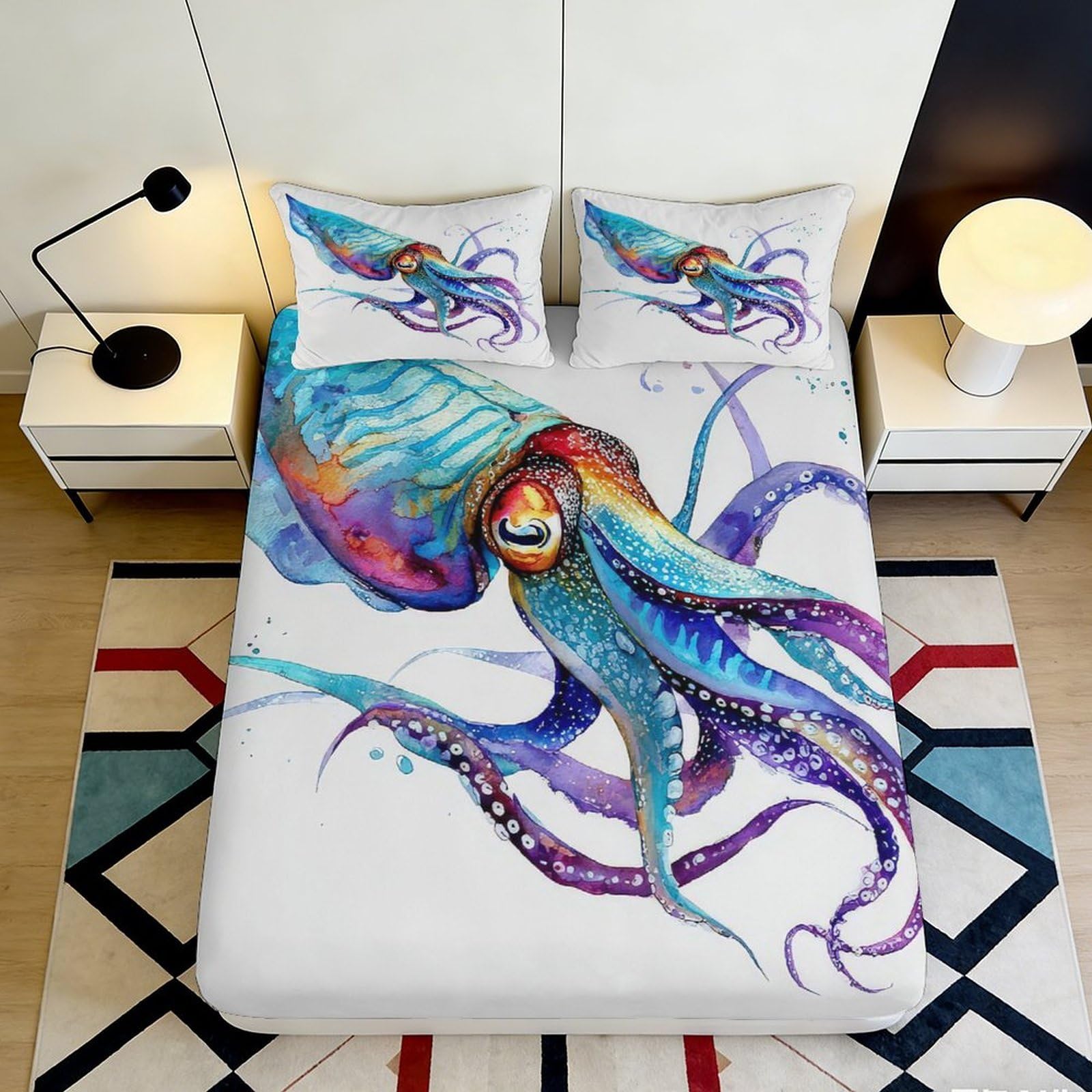 3D Printed Watercolor Octopus Fitted Sheet Microfiber Anti-Slip Mattress Cover for Bedroom Dorm Machine Washable Decor 200x200x25cm