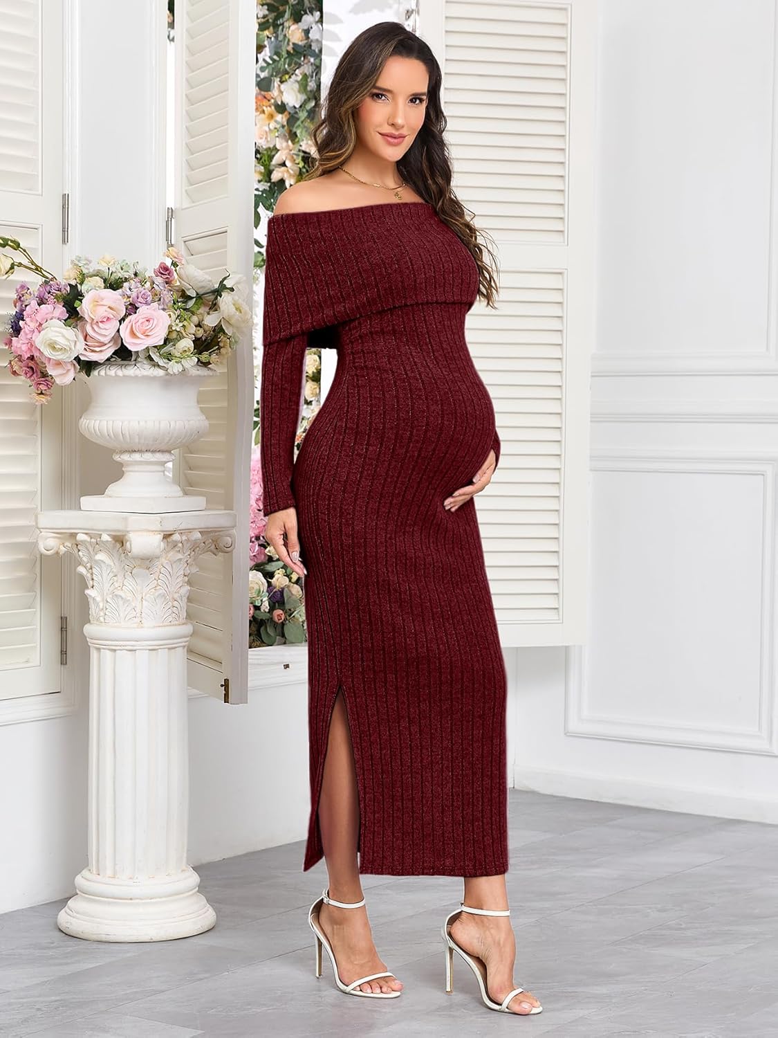 Maternity Sweater Dress Off The Shoulder Rib Knit Long Sleeve Dresses with Side Slit for Pregnancy Baby Shower - Image 2