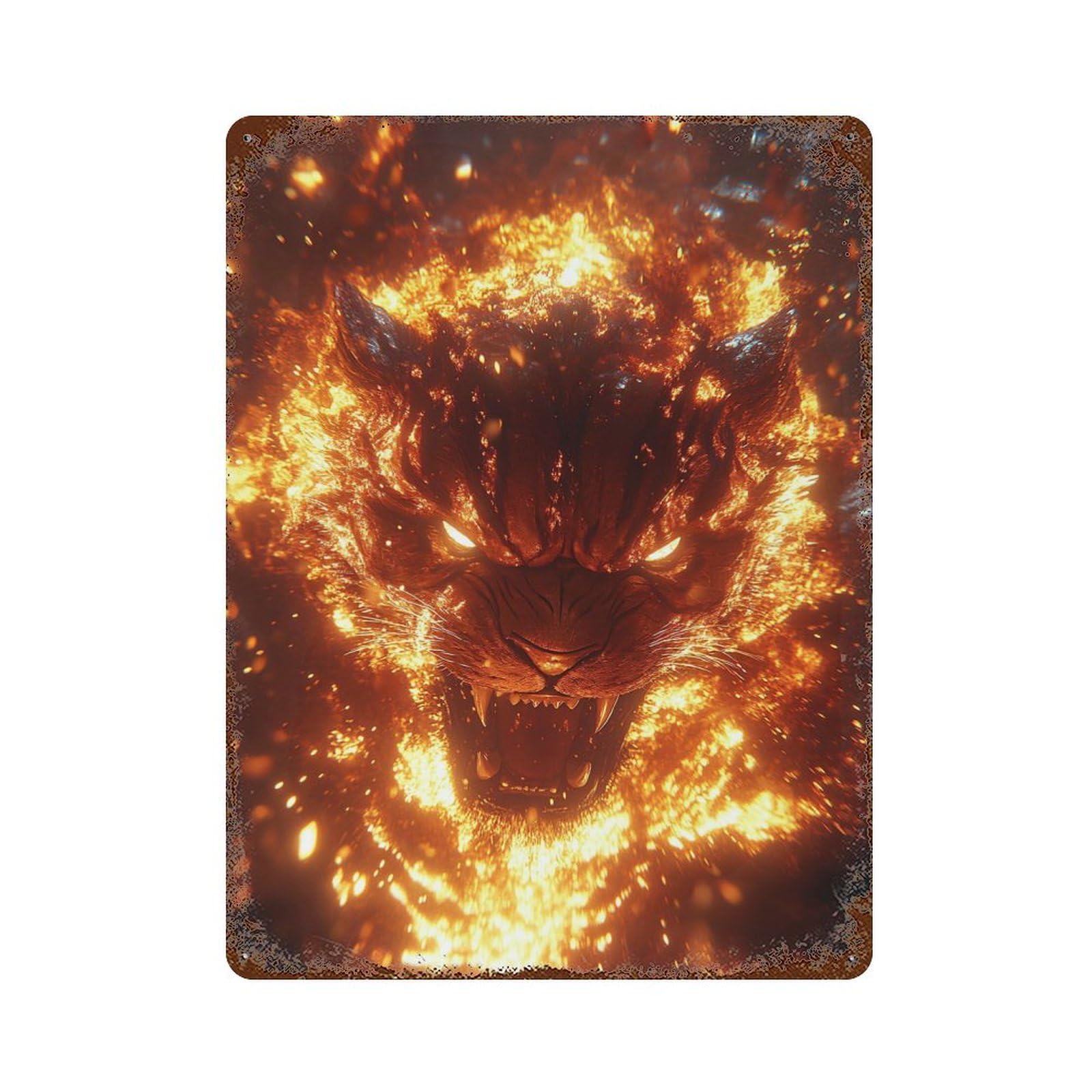 Fiery Tiger Head Retro Metal Sign 15.7"x11.8", Decorative Metal Wall Art for Basement, Hobby Room And Garage Decor