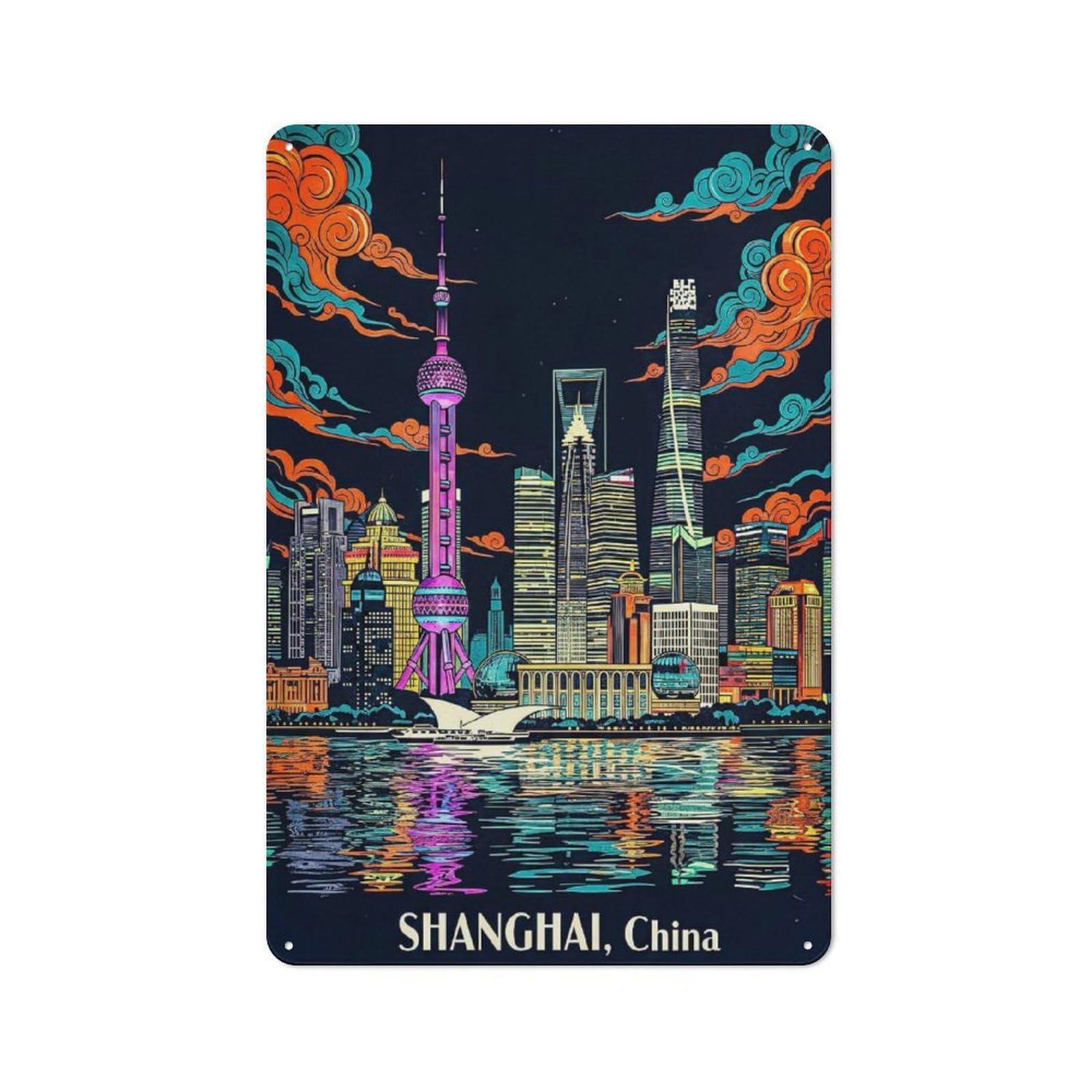 Urban Shanghai Skyline at Night Decorative Metal Plaque 30x20cm, Urban Room Decor for Flat, Bar, Studio Or Gallery Wall