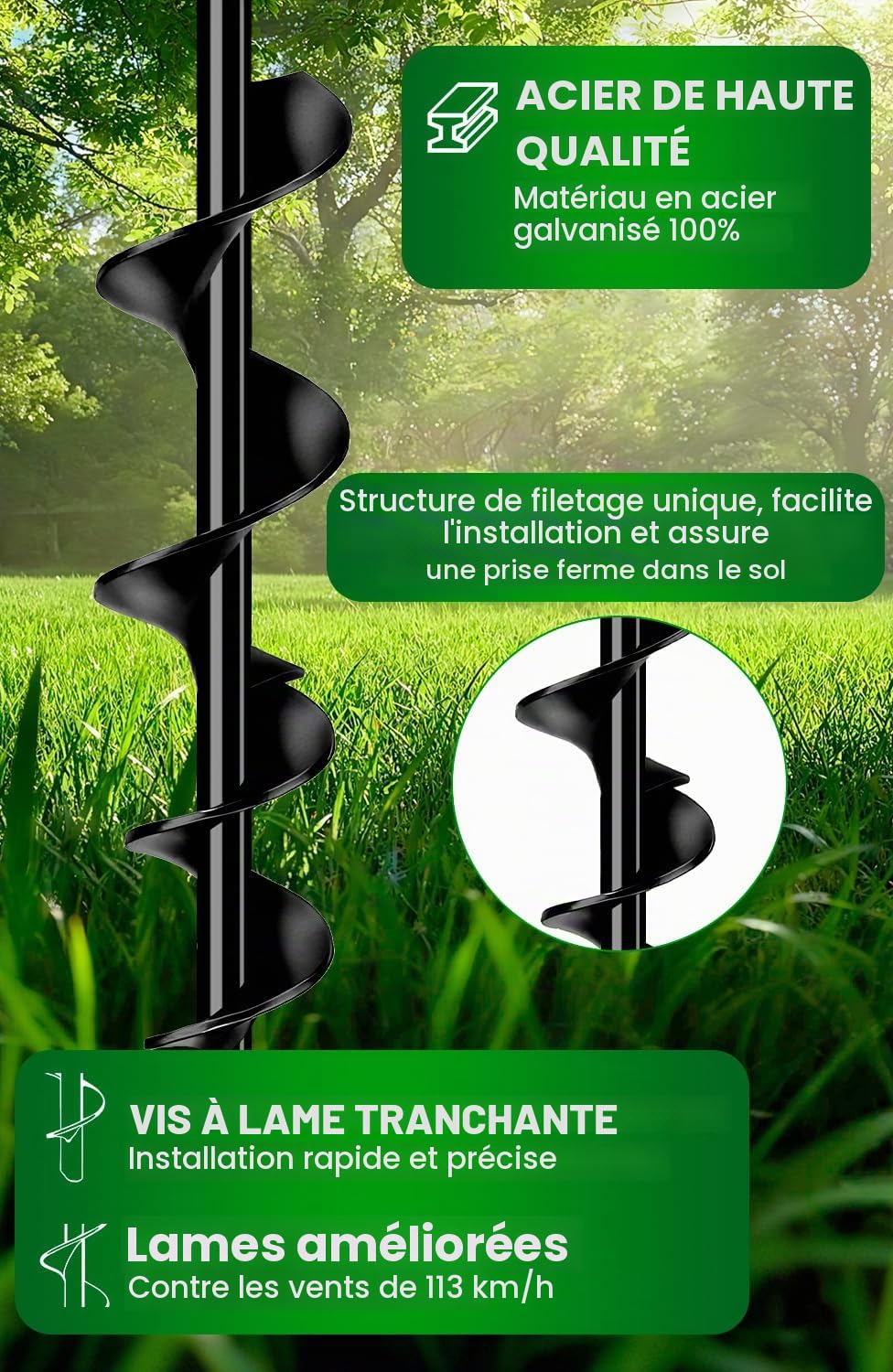 Piquets 40 cm 4 pièces avec Sangles, Double Fixation pour ancrages au Sol