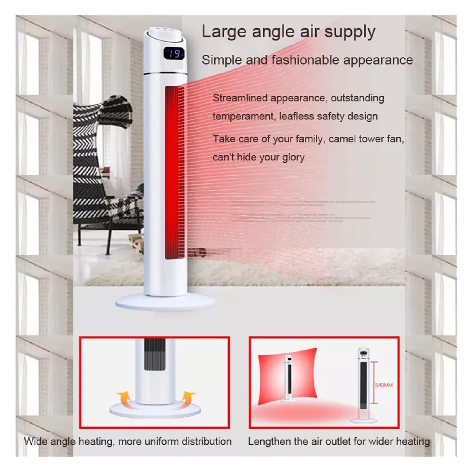 Wieża Grzejnik 3 Biegi Termowentylator PTC Do Oglądania Filmów W Domu Kąpiel Dla Dzieci 6m Pilot VerticalHeater Szybkie Ogrzewanie(White Mechanical)