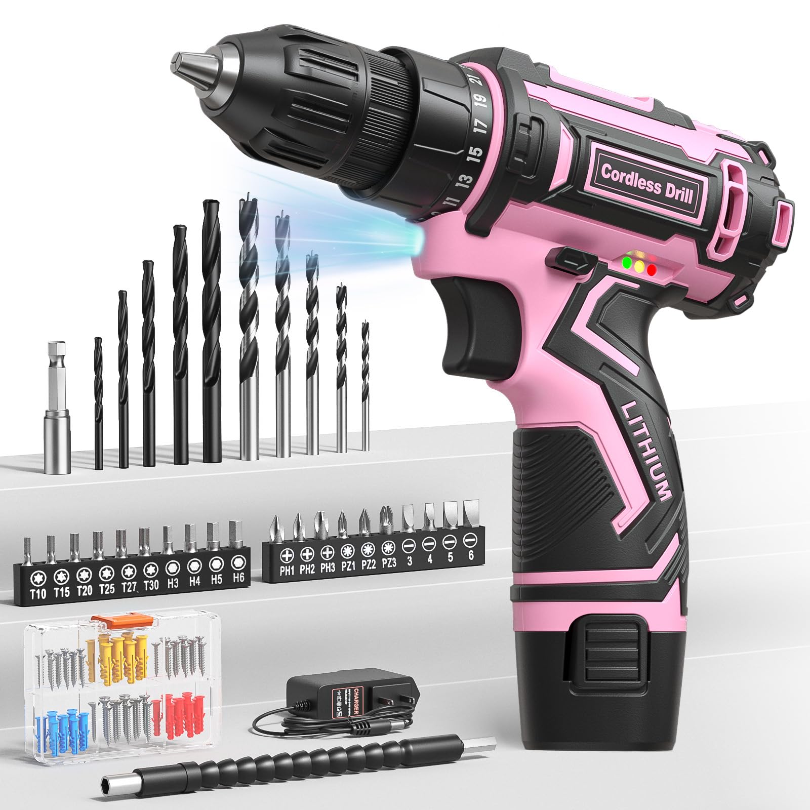Pink Cordless Drill Set Electric Power Drill for Women Lightweight Electric Screwdriver Driver with Battery Charger 3 8