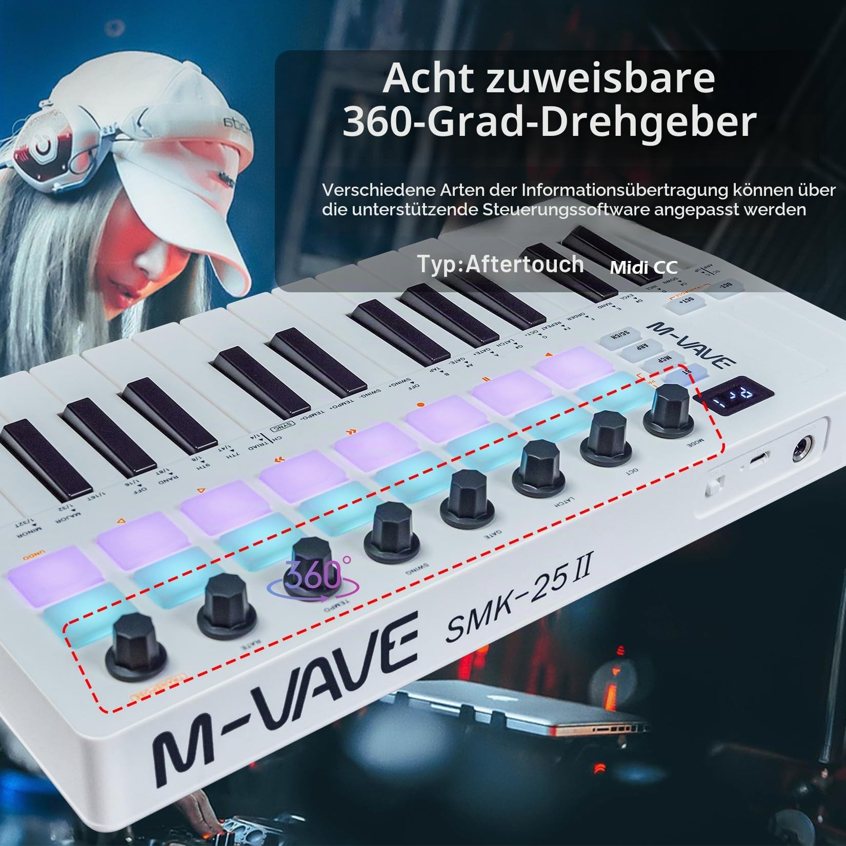 M-VAVE 25 Tasten 16 Backlit Drum Pads MIDI Keyboard - Professioneller Beat Maker und Keytar für Keyboard Musikproduktion Builtin Battery Wireless Connect Weiß