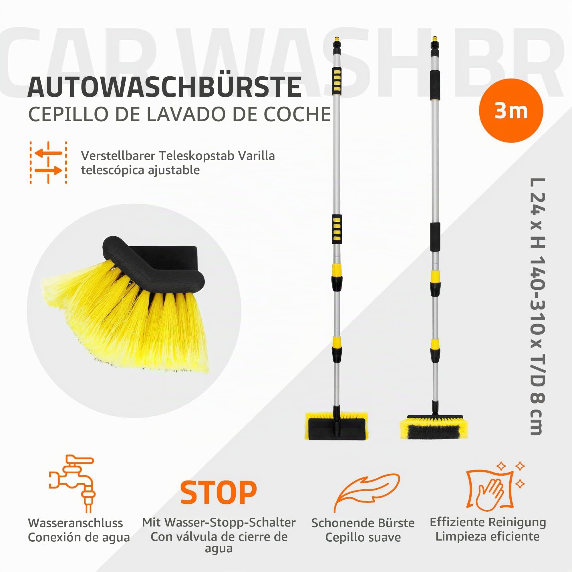 ECD Germany Cepillo de Lavado de Coche con Mango Telescópico Extensible de 130-300 cm con Interruptor de Encendido/Apagado, Utensilio de Limpieza de Cerdas Suaves para Autocaravana Camión Barco