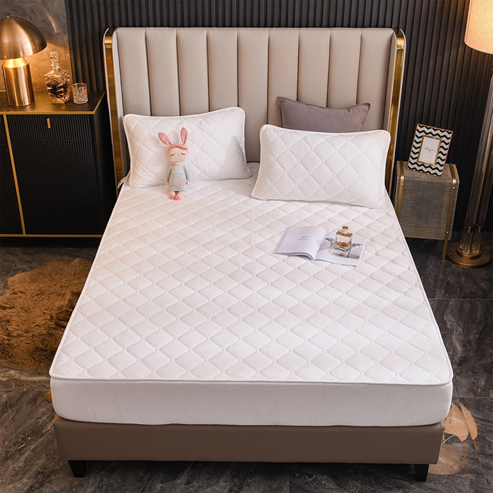 Yudeyu White Quilted Fitted Sheets Soft Crystal Velvet Fabric Mattress Protector Double Single Bed Toppers Overlays(,200X220cm/High 10-30Cm)