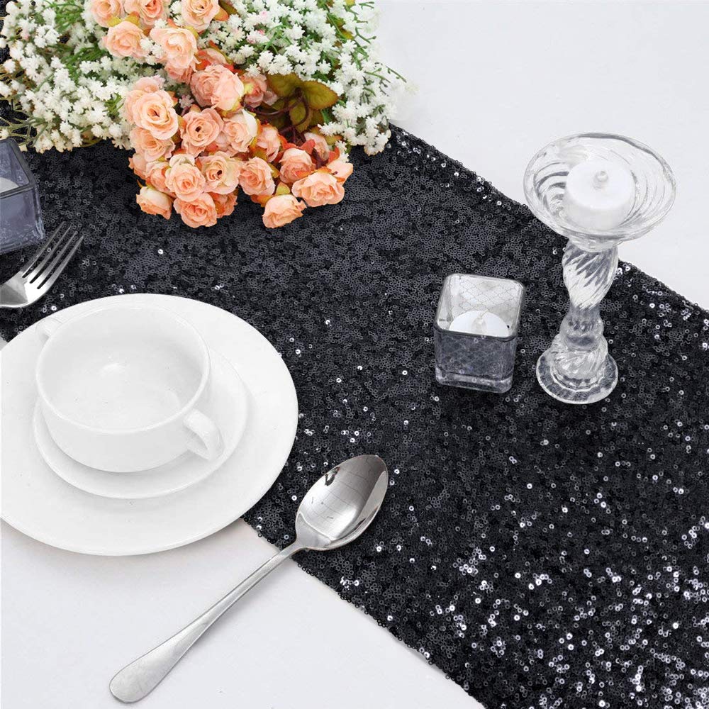 Time To Sparkle Sequin Black 12X108inches Glitter Sequin Table Runner Chair Sashes Swags Wedding Party Table Decoration,