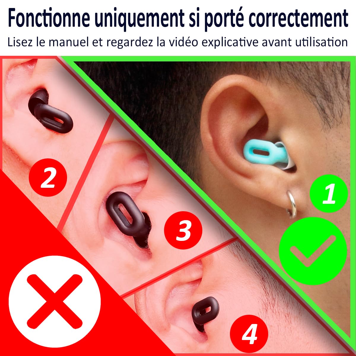 Bouchons d'oreilles Saccater Focus - Bouchons en silicone réutilisables pour la concentration, le travail, les études, le sommeil, les voyages, protection auditive, XS/S/M/L SNR 23 (Noir, Unité)
