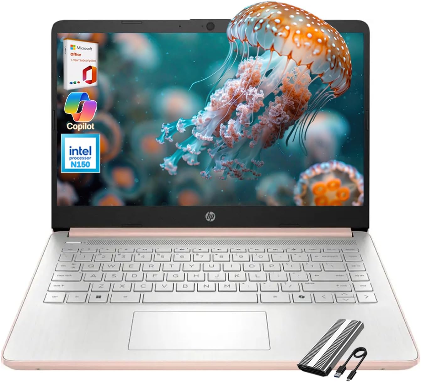 HP 14 אינץ' Student Laptop 2025, Intel Processor N150 (עד 3.60 GHz), Microsoft 365 לשנה, CoPilot AI, טעינה מהירה, Wi-Fi 6, Ultra Slim, Win 11 S, w/128GB PSD (Pale Rose Gold, 4GB RAM | 128GB UFS)