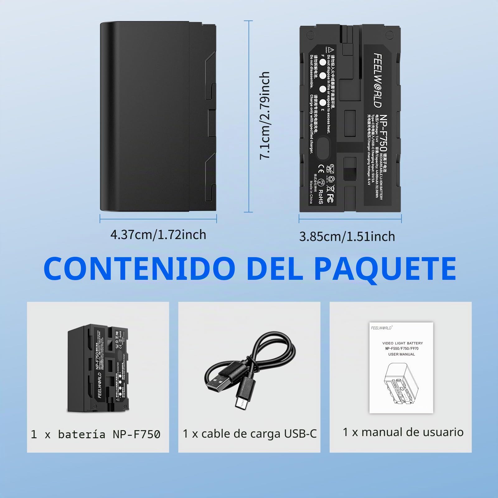 FEELWORLD NP-F750 4400mAh batería de Repuesto para NP-F970 F960 F950 F770 F750 F570 F550, USB-C Carga rápida Recargable para luz LED, Monitor de cámara, transmisión inalámbrica