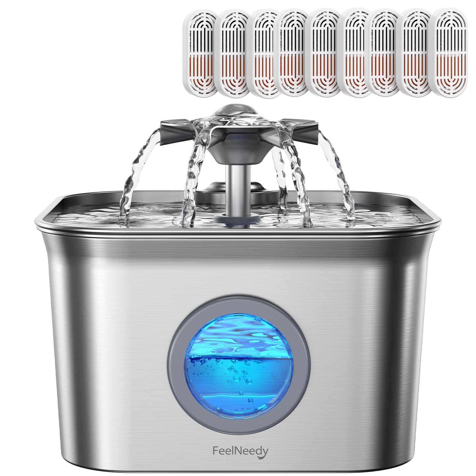Stainless Steel Cat Water Fountain, 2.8L with 20dB Ultra-Quiet Pump- Ideal for Timid Pets, LED Water Level Window, Dishwasher Safe, 24/7 Circulation- Includes 9 Replacement Filters
