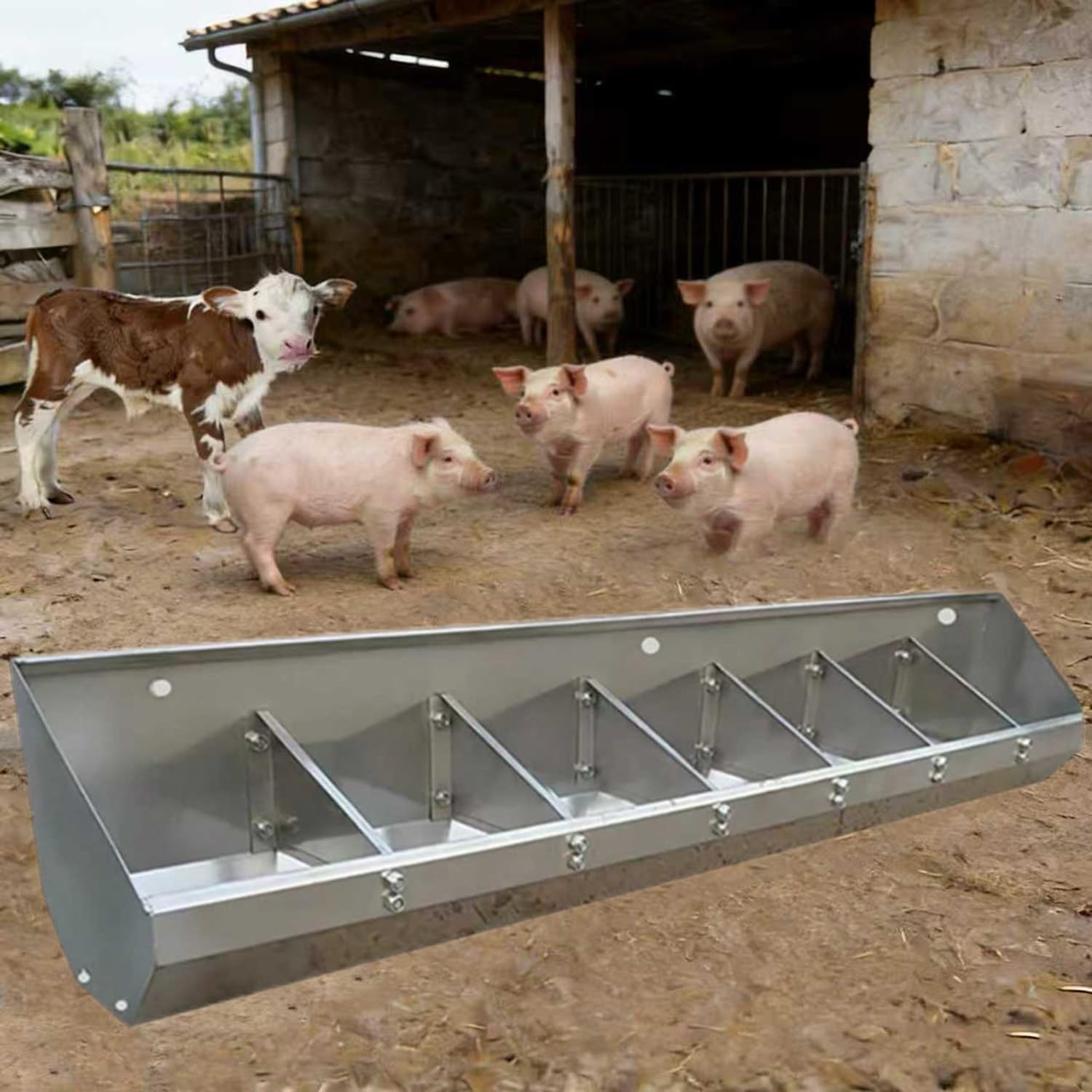Heavy-Duty Stainless Steel Livestock Feeder Trough, Large Capacity Hog Hay & Food Bin with Divider Panel for Pigs, Cattle, Horses, Goats, Easy to Clean 0.9meter/3hole