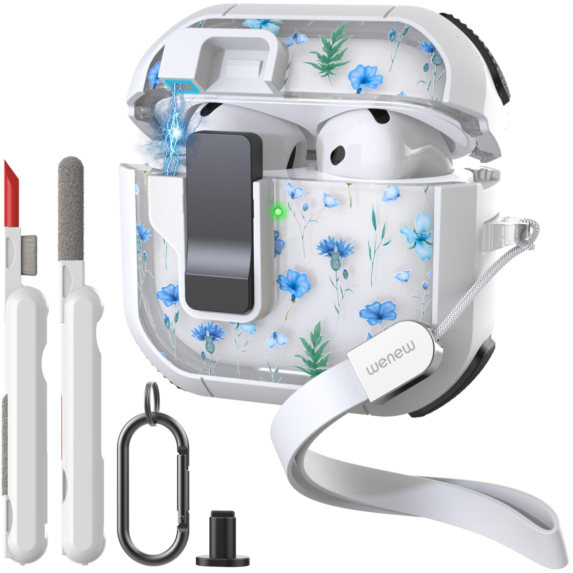 WENEW Case for AirPods 4th Case Cover Secure Lock Automatic Snap Switch Clip Cleaner Kit Lanyard Women Stylish Flower Armour Hard Shell Full Body