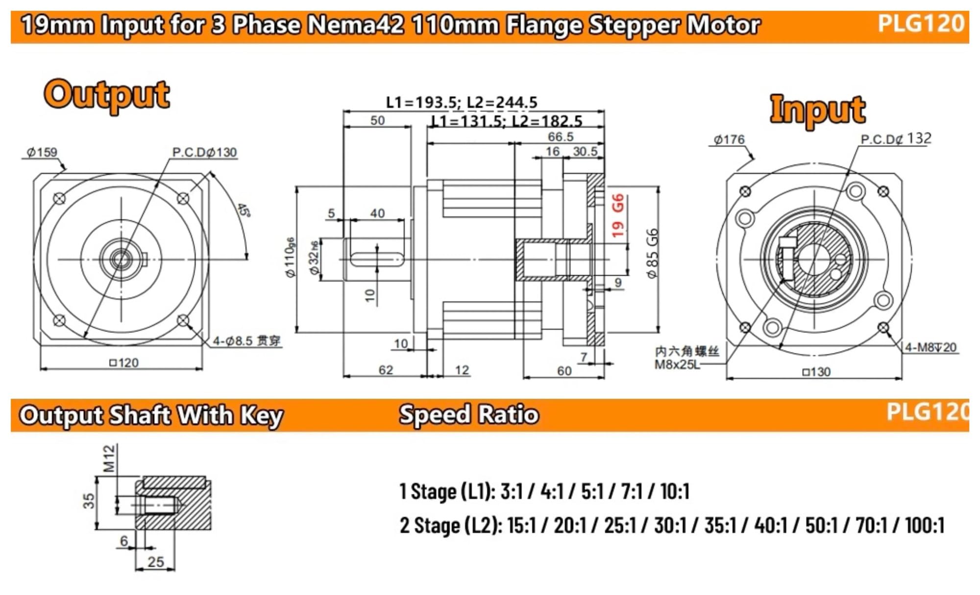 Reduktor spiralny 3Arcmin, kołnierz 100/110/130/180 mm, przełożenie 3 ~ 100:1 dla silnika krokowego (stosunek prędkości 30 do 1)