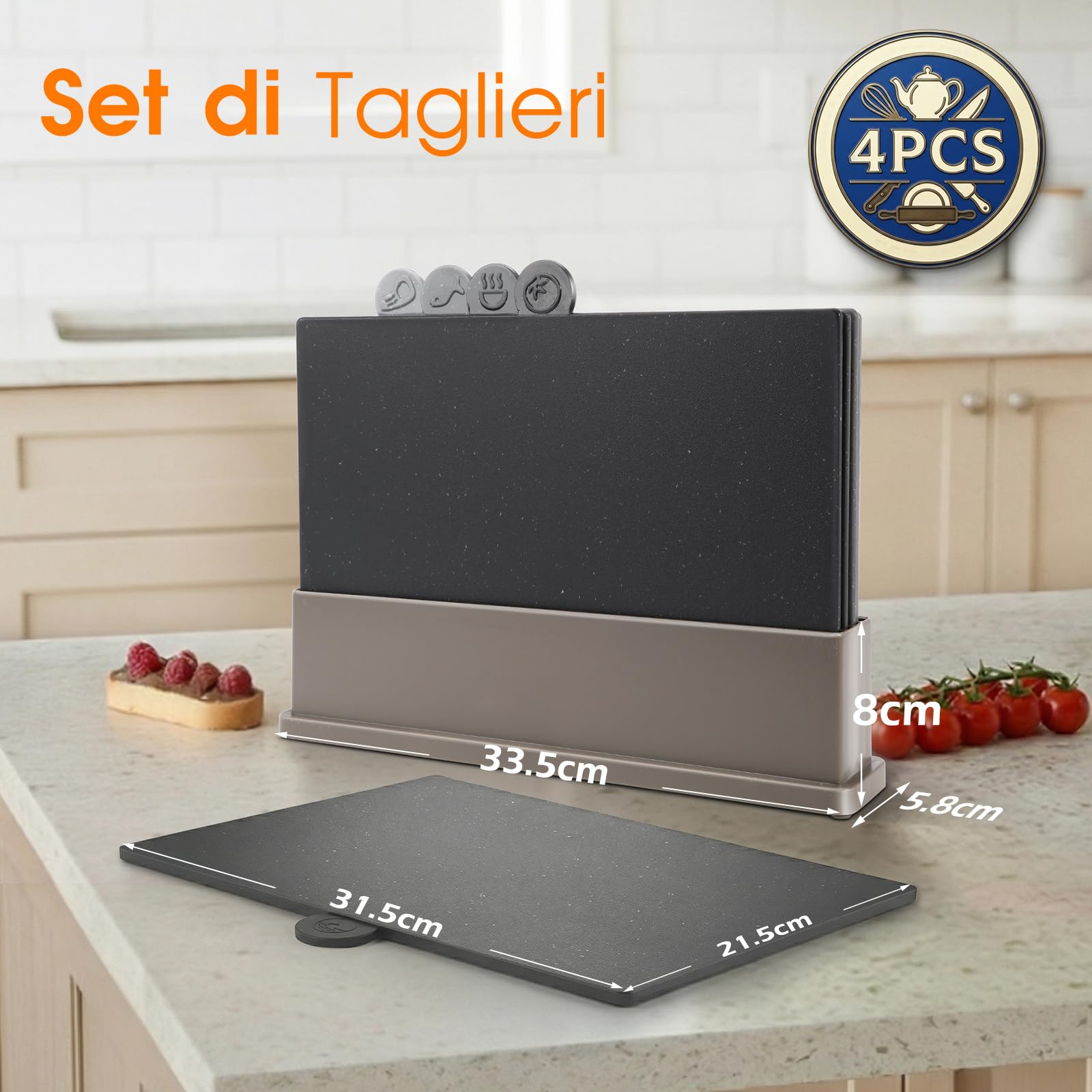Set Di 4 Taglieri Colorati In Paglia Di Grano Con Base, Antiscivolo E Lavabili In Lavastoviglie, Codificati Per Alimento