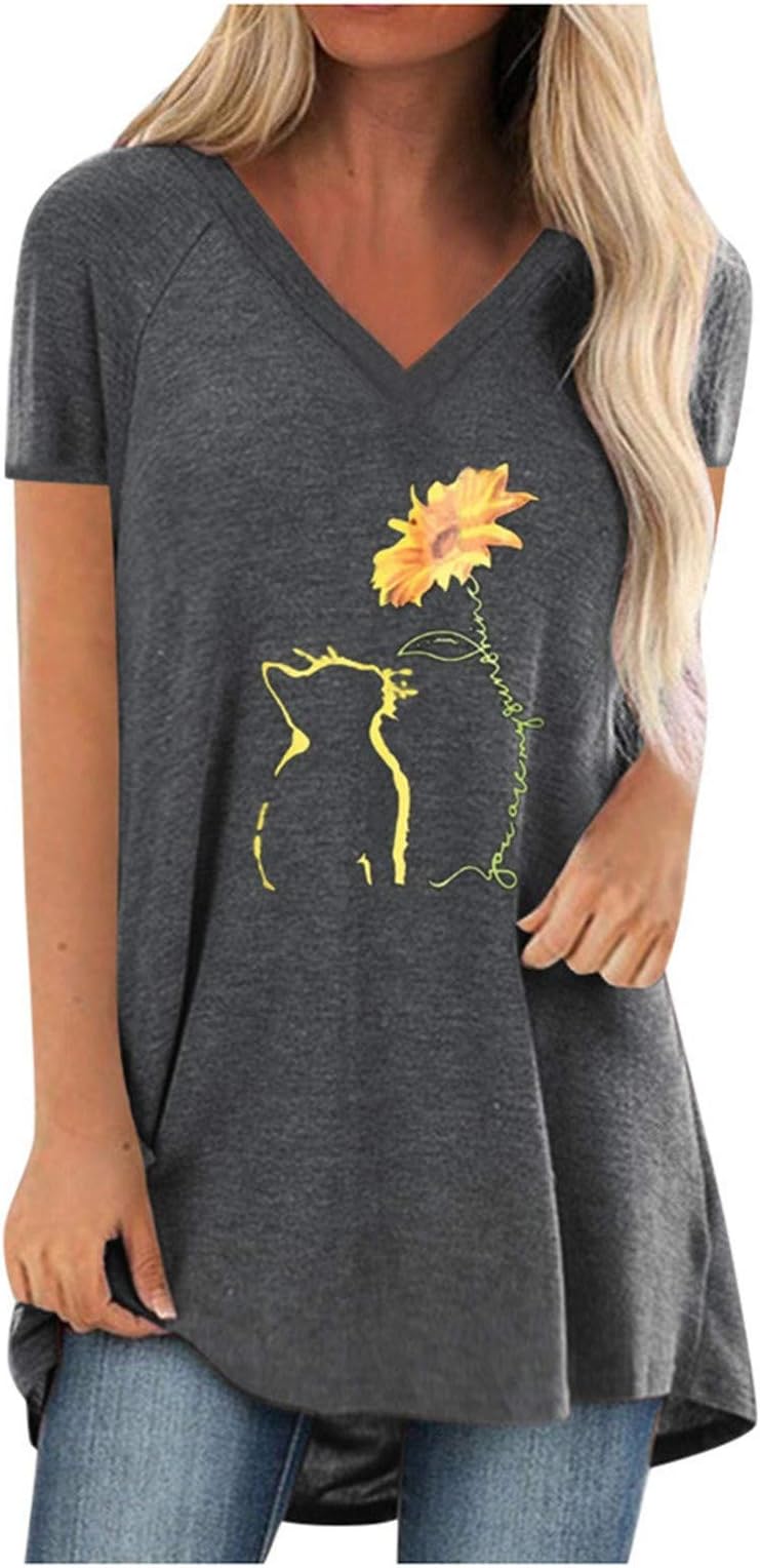 Long Tunic Tops for Women to Wear with Leggings Short Sleeve You are My Sunshine Sunflower Cat Elephant Flowy Shirts