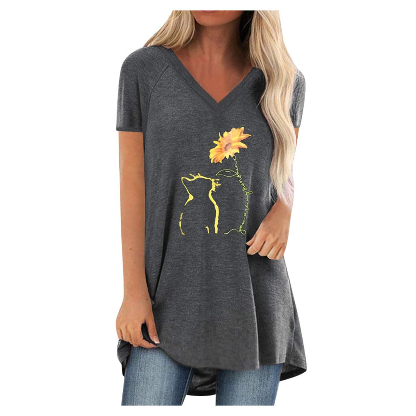 Long Tunic Tops for Women to Wear with Leggings Short Sleeve You are My Sunshine Sunflower Cat Elephant Flowy Shirts