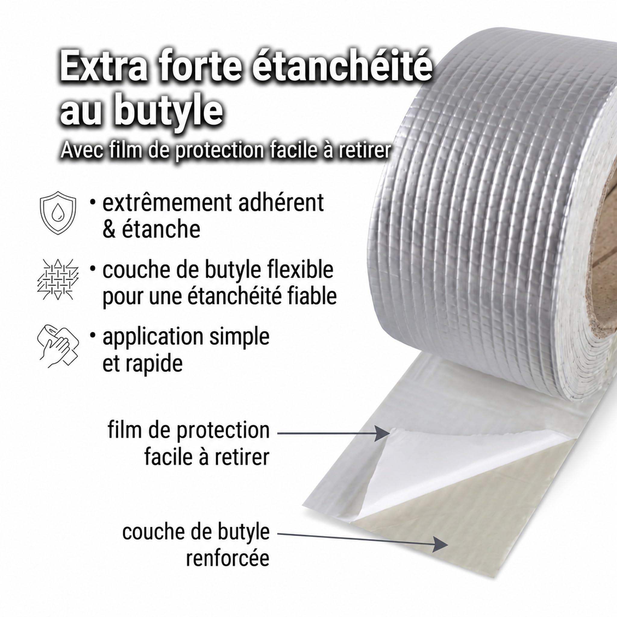 Ruban adhésif butyle étanche 2,5 cm x 5 m pour toitures, murs, fenêtres