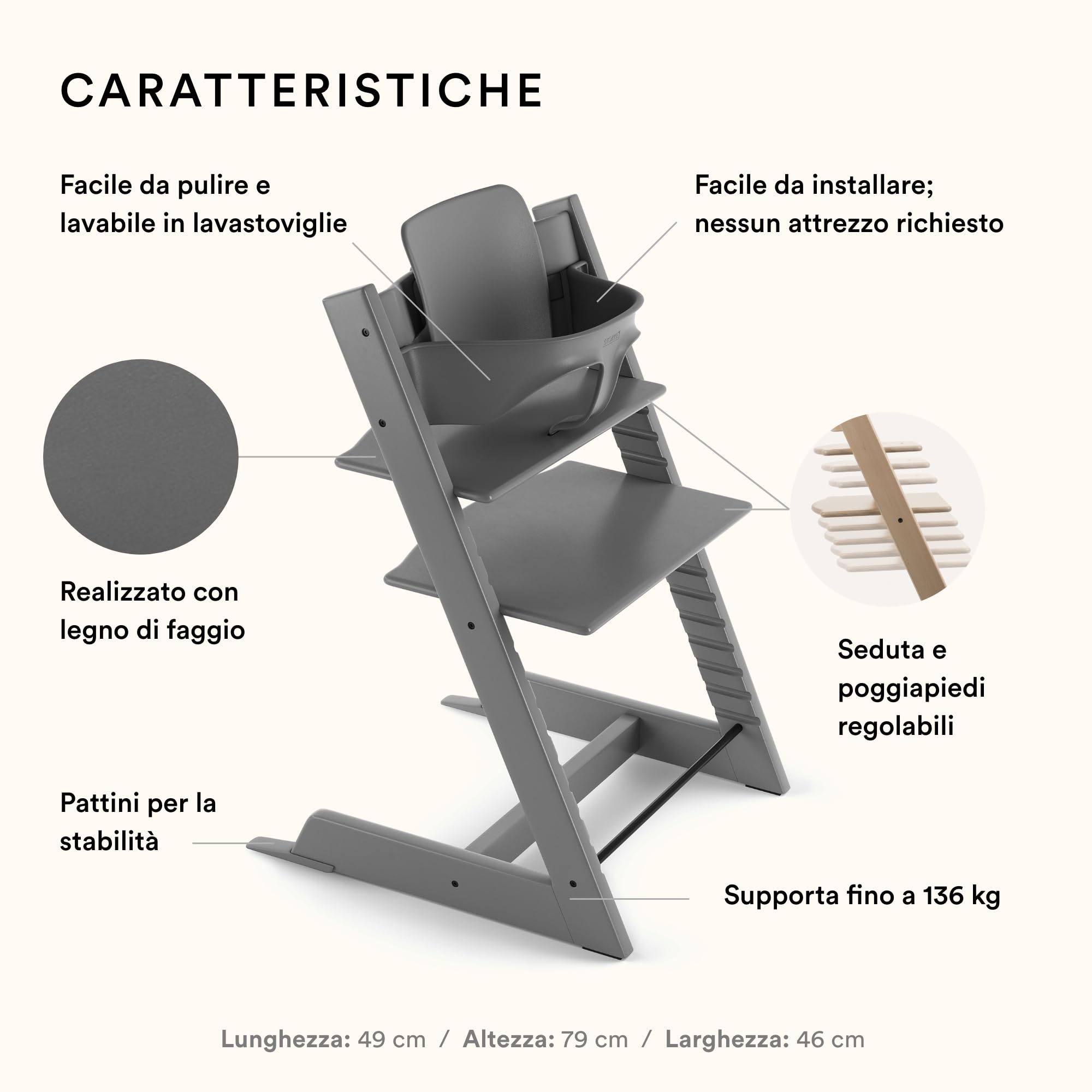 Seggiolone Tripp Trapp di Stokke con Baby Set, Storm Grey - Sedia regolabile ed evolutiva per bambini e adulti - Design ergonomico e classico, 1.0 Conteggio, 6.47 kilograms