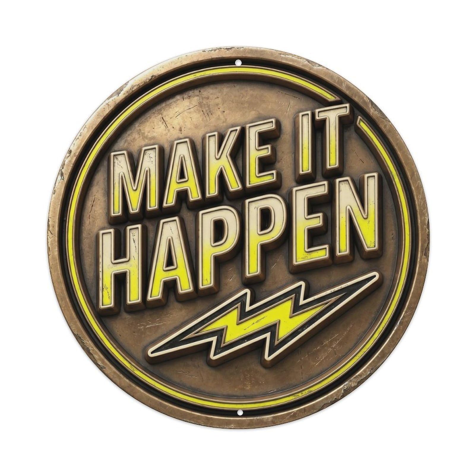 Make It Happen Motivational Quote Positive Motto Rustic Style Metal Tin Sign Plaque Wall Decor for Cafe, Man Cave, Club Bar, Office, Home Garden Round Metal Poster 8x8Inch
