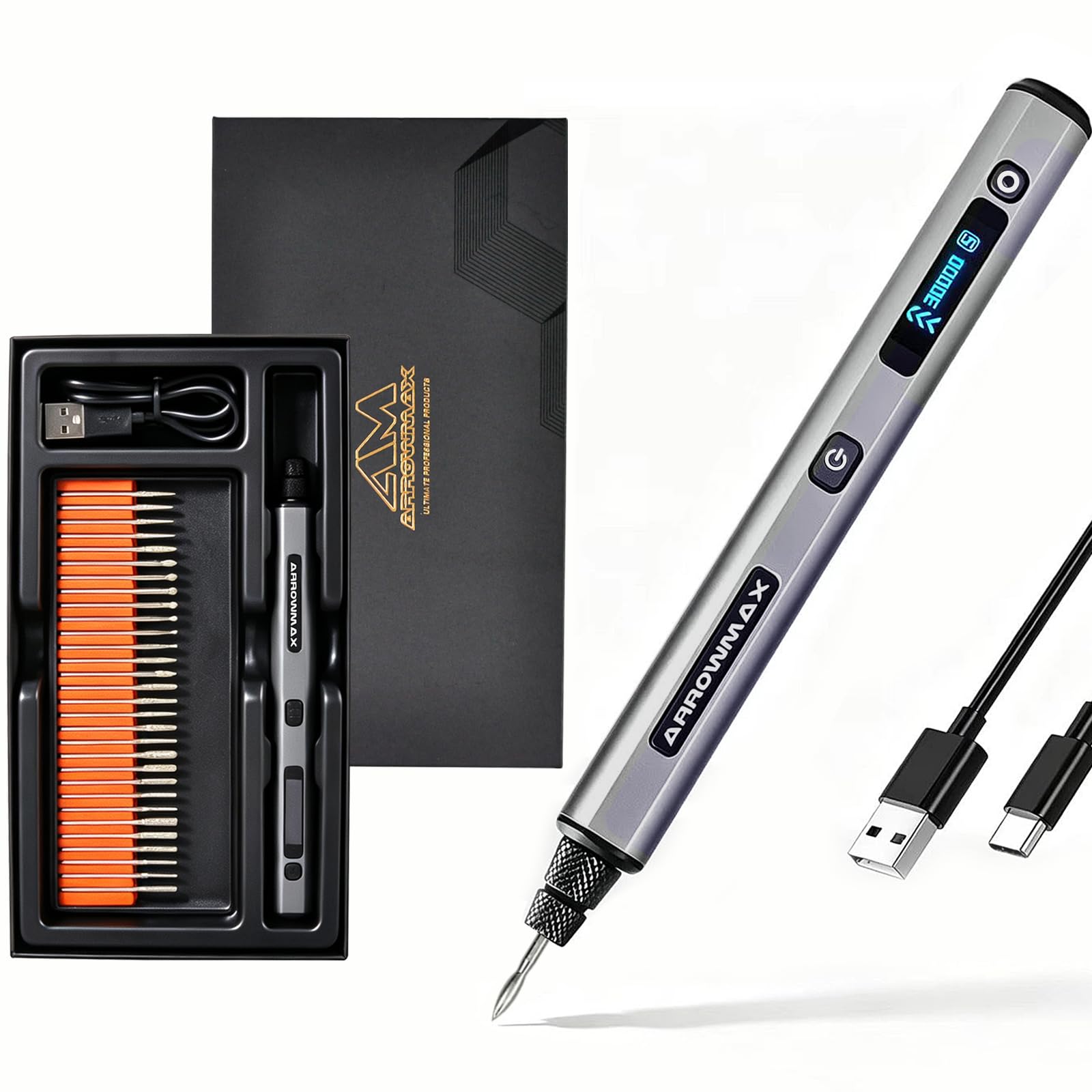 ARROWMAX Mini utensili multifunzione a 5 marce, con OLED, 30000 giri/min | Penna per incisione con 30 punte per metallo, legno, vetro, plastica, set per incisione, regalo fai da te per adolescenti