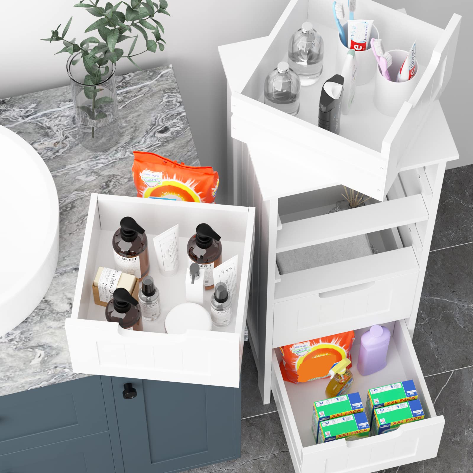 Armario de baño con 4 cajones, armario de almacenamiento para ahorrar espacio, Blanco, cajonera, organizador de exhibición de Madera, Blanco (ancho 11.8'' x profundidad 1
