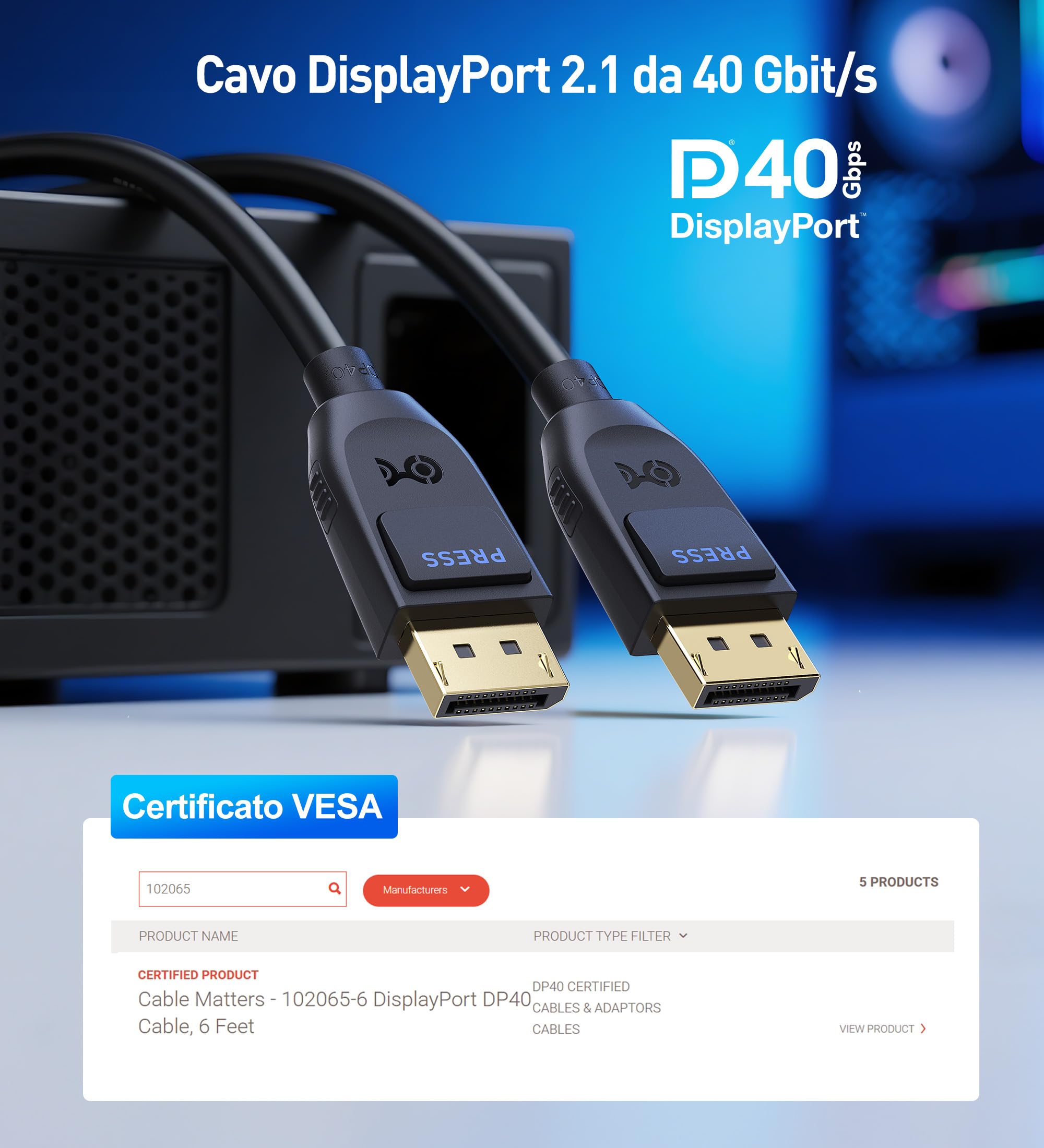 Cable Matters [Certificato VESA] Cavo DisplayPort 2.1 da 2 m, supporto 40 Gbps DP40 8K 60 Hz, 4K 144 Hz in nero con FreeSync, G-SYNC e HDR per monitor da gioco, PC, RTX 4080/4090, RX 7900 e altro